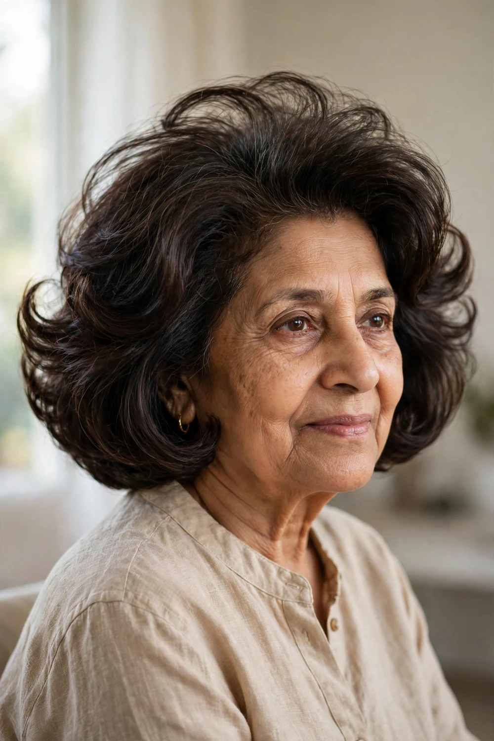 Woman over 60 with voluminous bouncy blowout bob with lifted roots