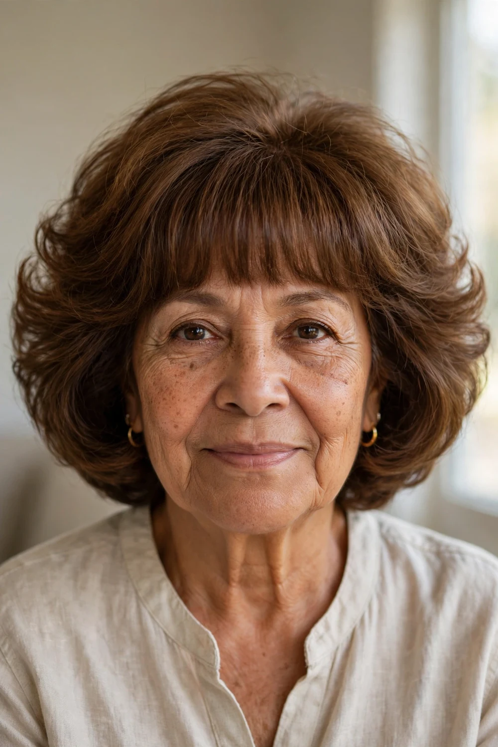 60-year-old woman with silver voluminous bob and side-swept bangs