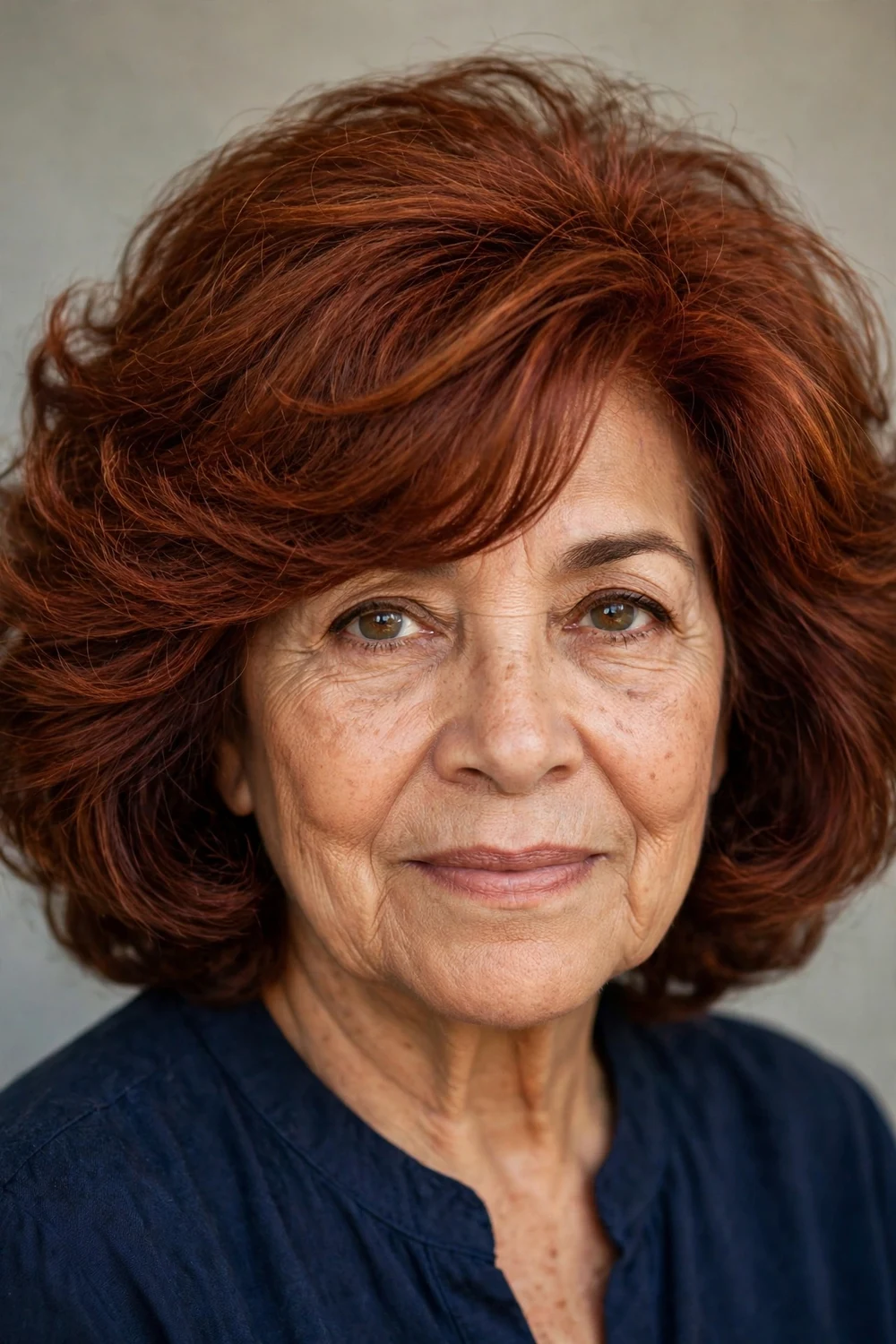 Woman in her late 60s with voluminous bob and side-swept bangs, three-quarter view