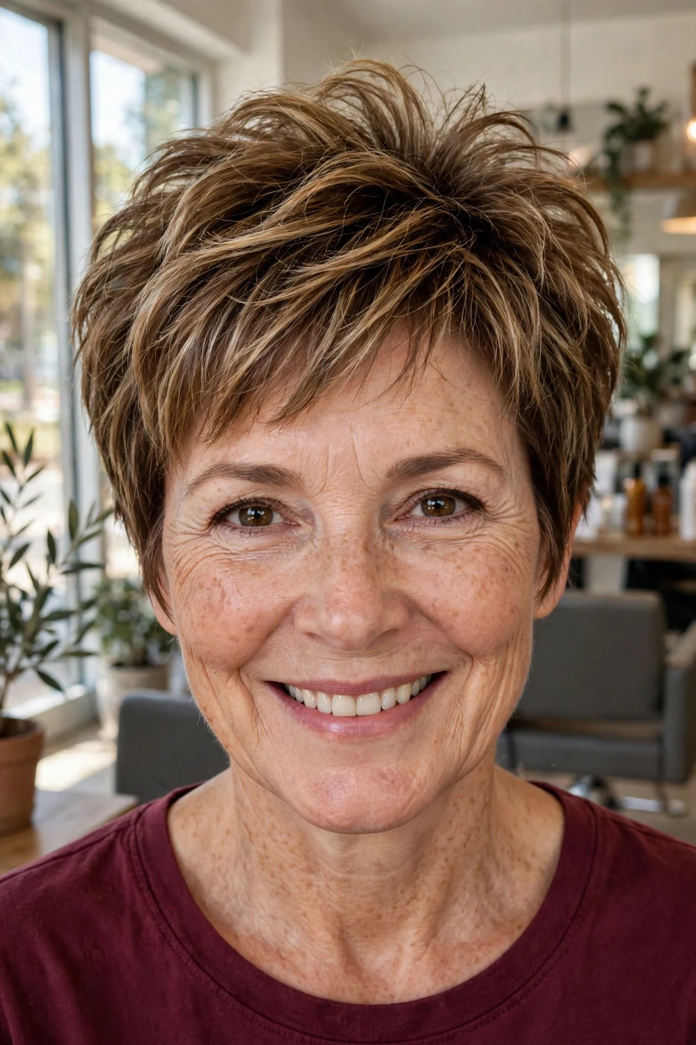 Woman over 50 with voluminous choppy pixie and blonde highlights