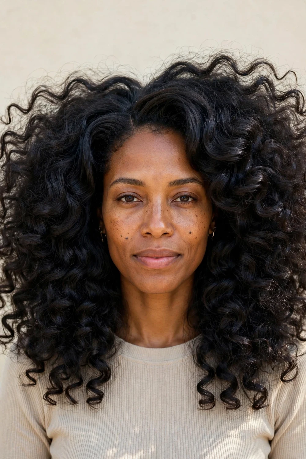 Black woman in her early thirties with an oblong face and big voluminous layered curls with a side part