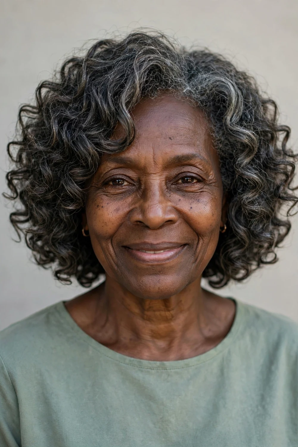 Voluminous curly bob with face-framing layers on mature woman