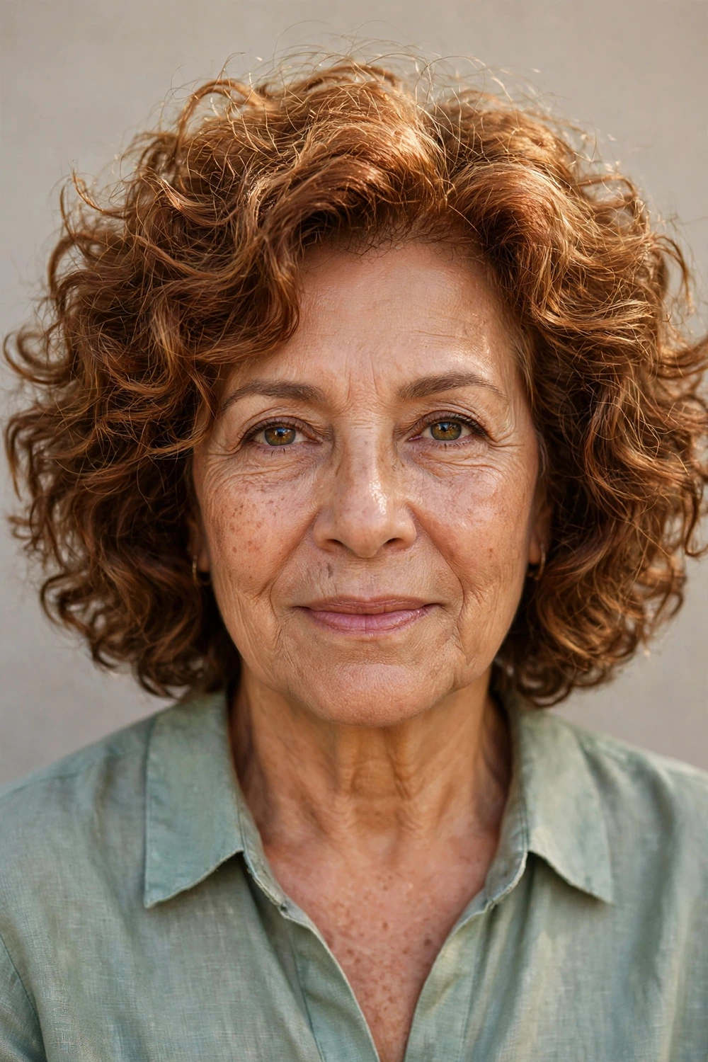 Woman in her late 60s with voluminous curly bob with highlights, three-quarter view