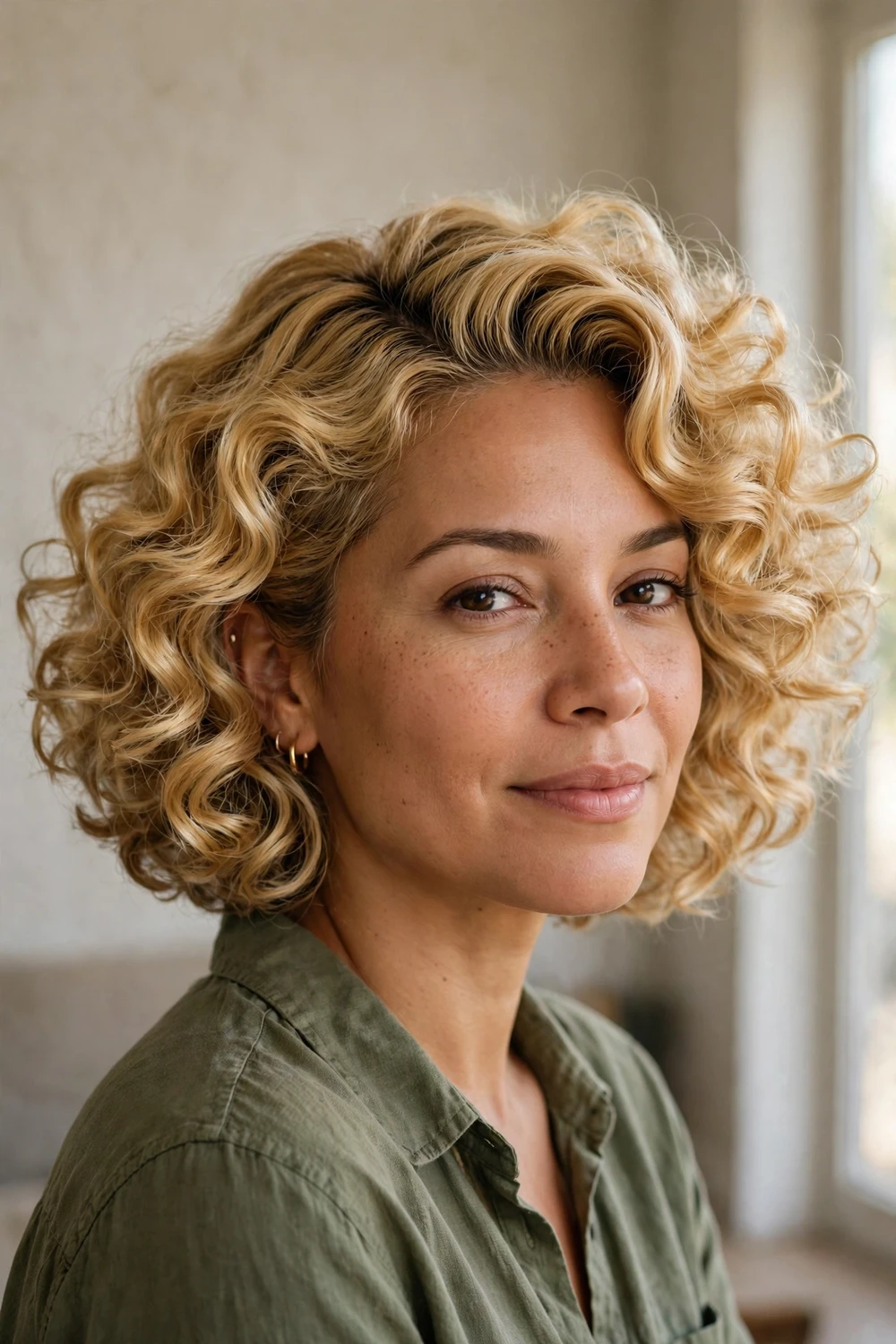 Woman with blonde curly hair in a voluminous curly bob with bouncy curls and deep side part