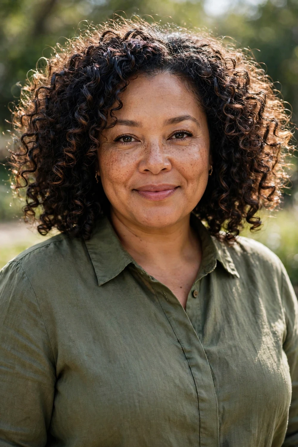 Plus-size woman in her early 40s with a voluminous curly lob at shoulder length