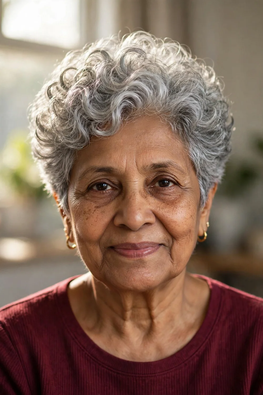Voluminous curly pixie with lifted crown and tapered sides on mature woman
