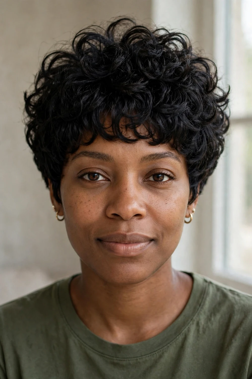 Voluminous curly pixie with bangs and lifted roots