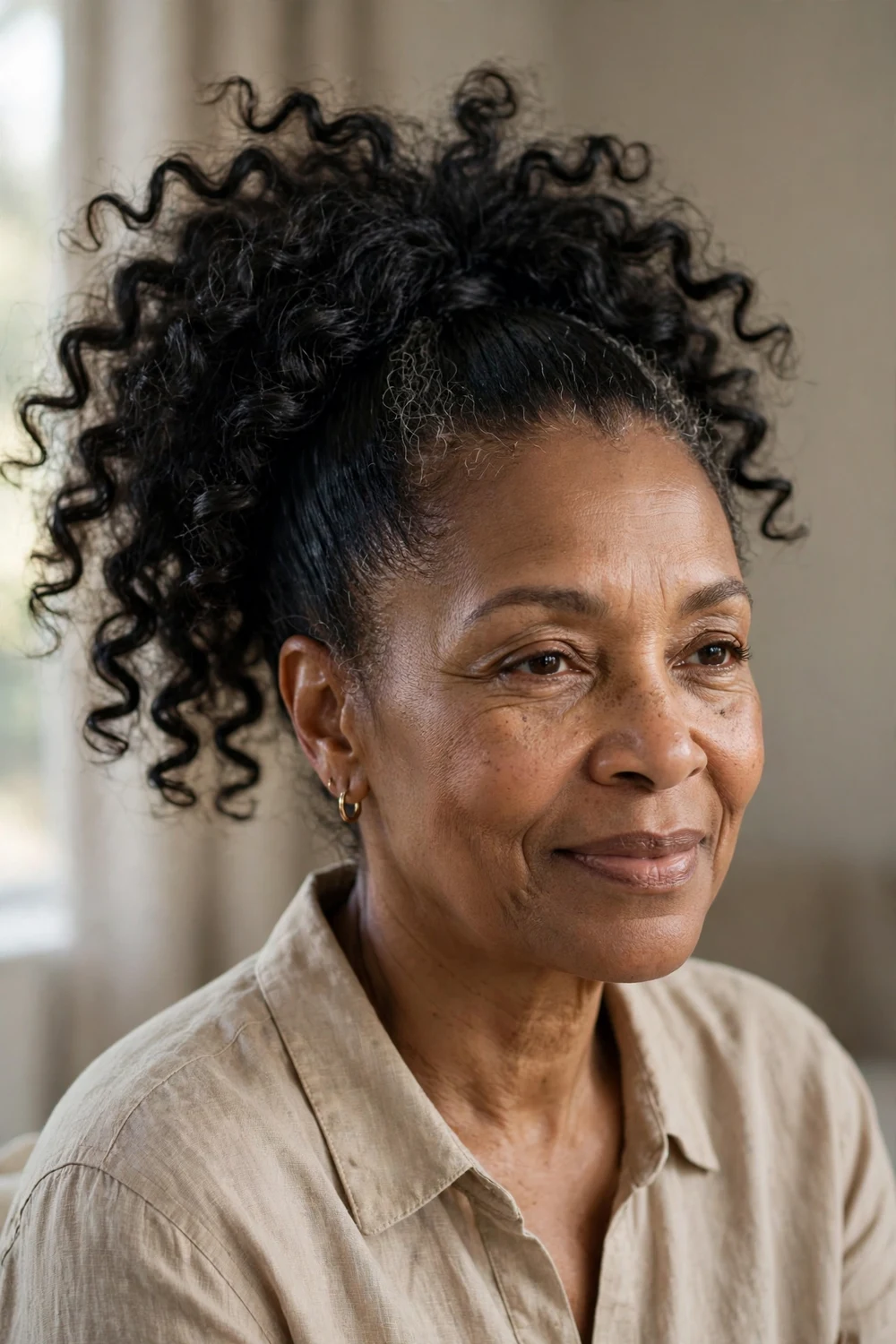 Older Black woman with a voluminous curly ponytail