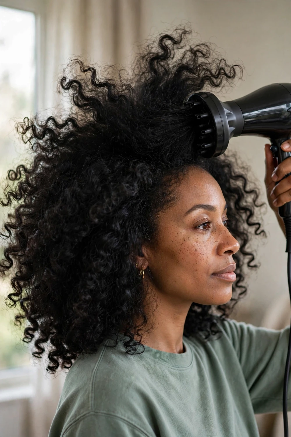 Woman diffusing thick curly hair upside down for volume