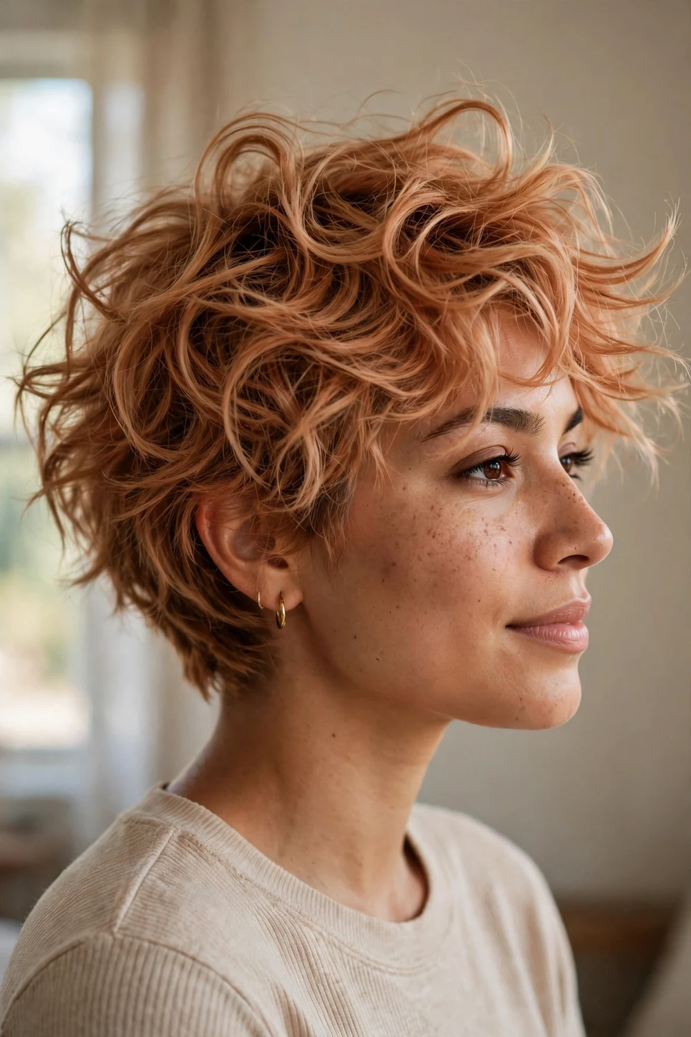 Voluminous disheveled wavy crop on strawberry blonde short hair, side view