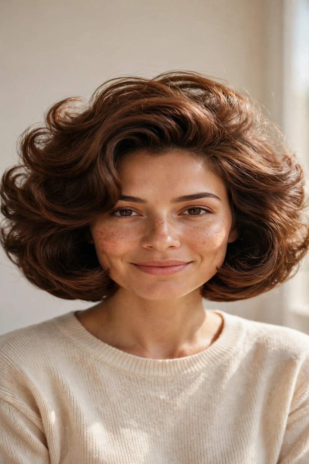 Woman with a voluminous italian bob, full bouncy shape