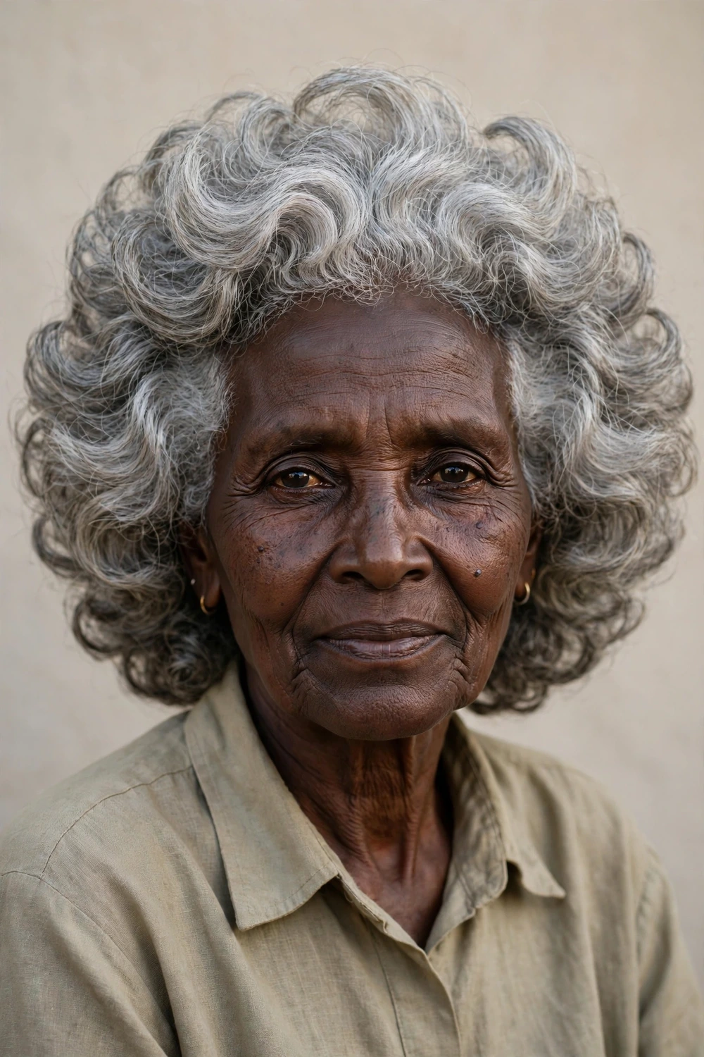 Woman in her early 70s with voluminous layered curls at the shoulder, front view