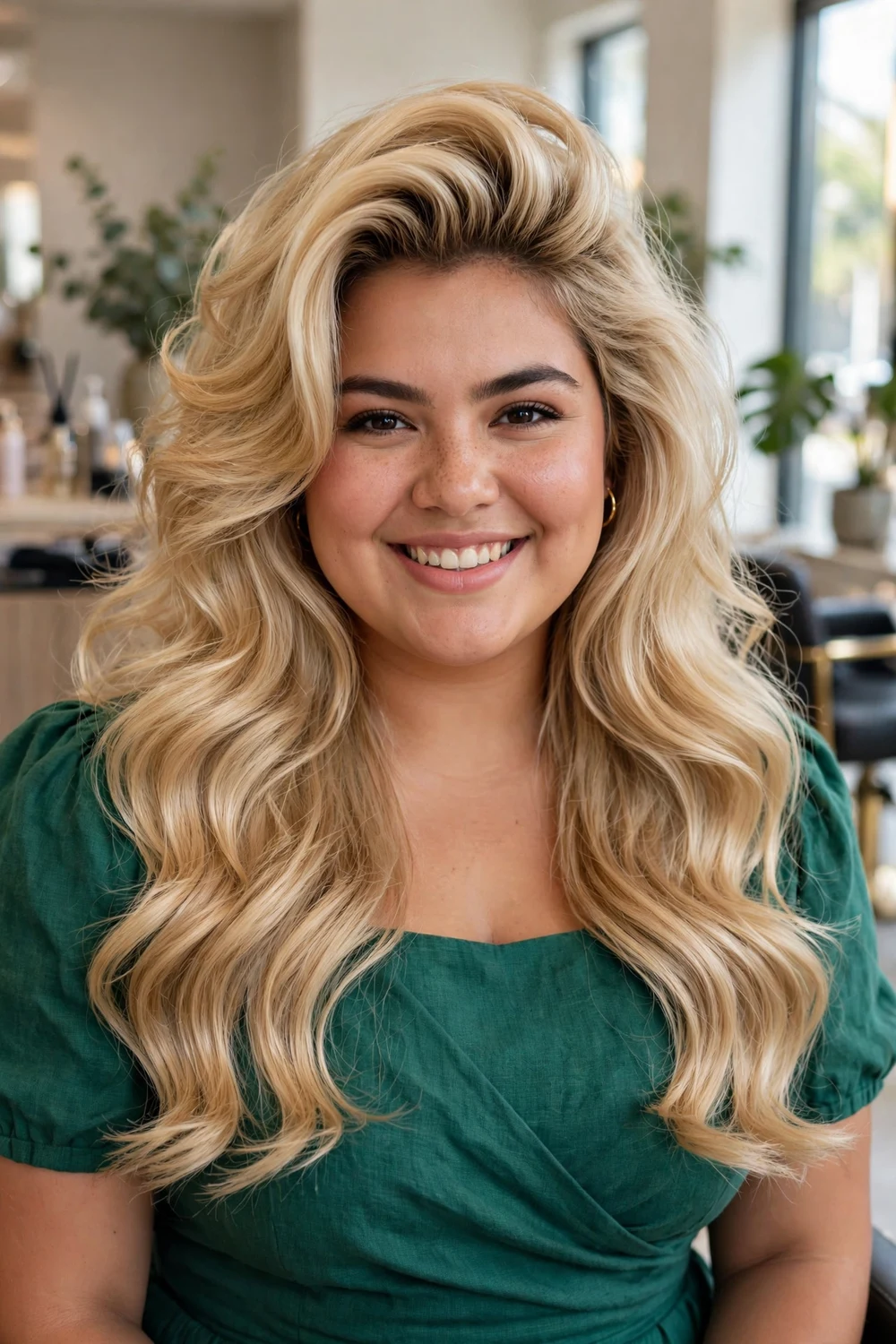 Woman with a round face and a voluminous long blonde blowout with lifted roots and bouncy layers