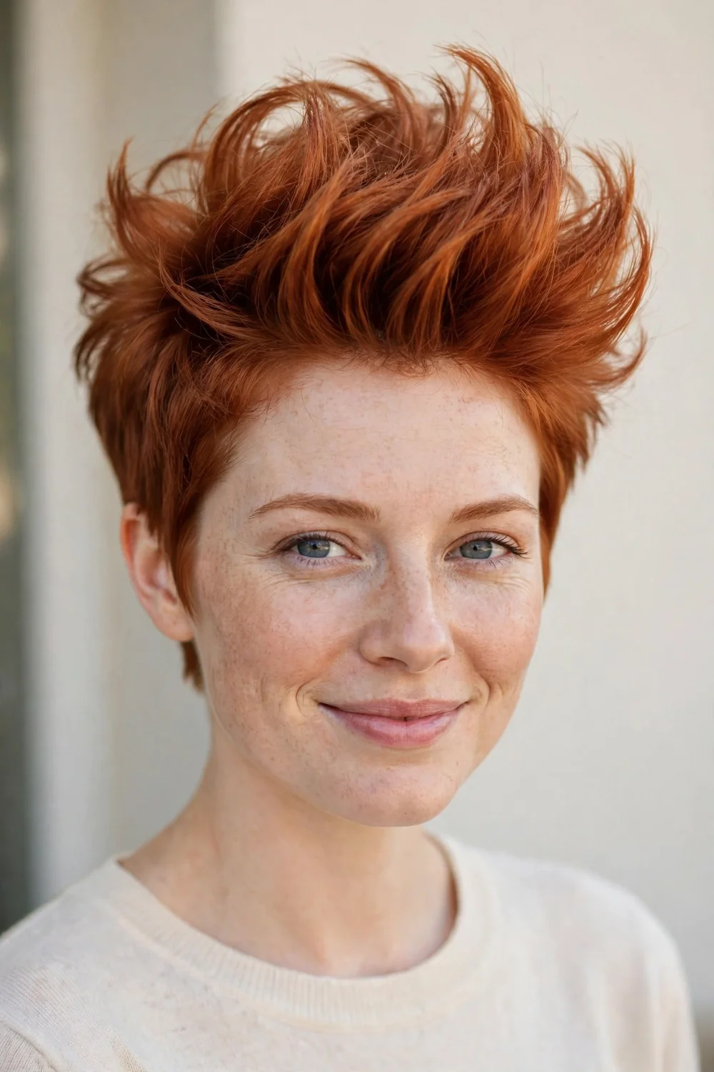 Woman with a copper-red voluminous pixie