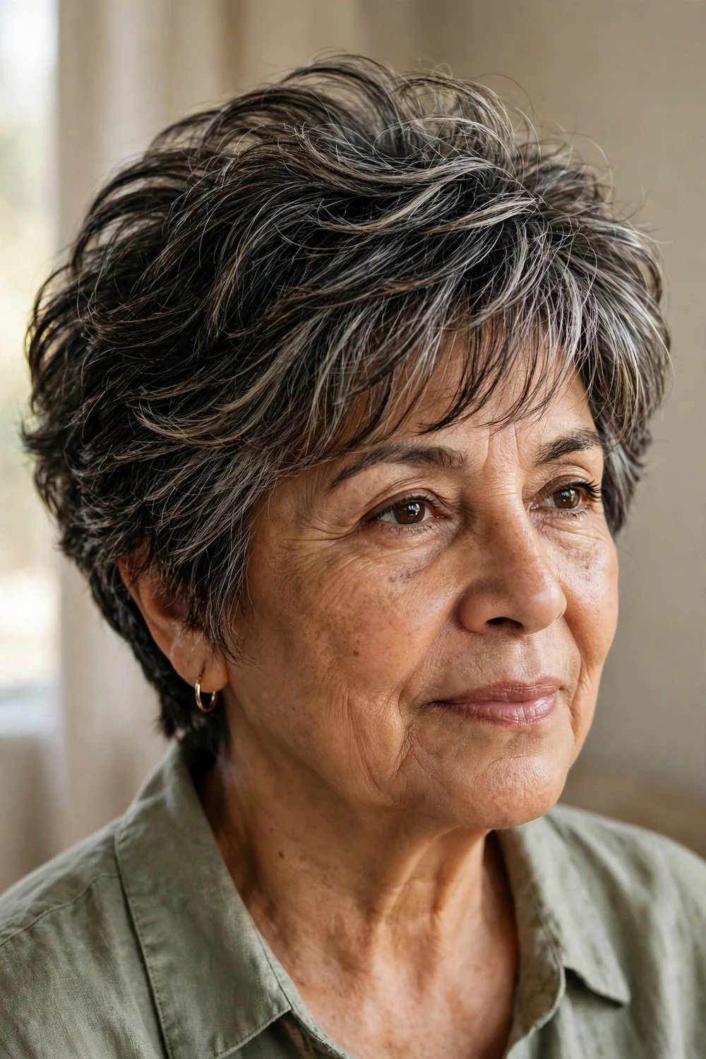 Voluminous salt and pepper layered short hairstyle