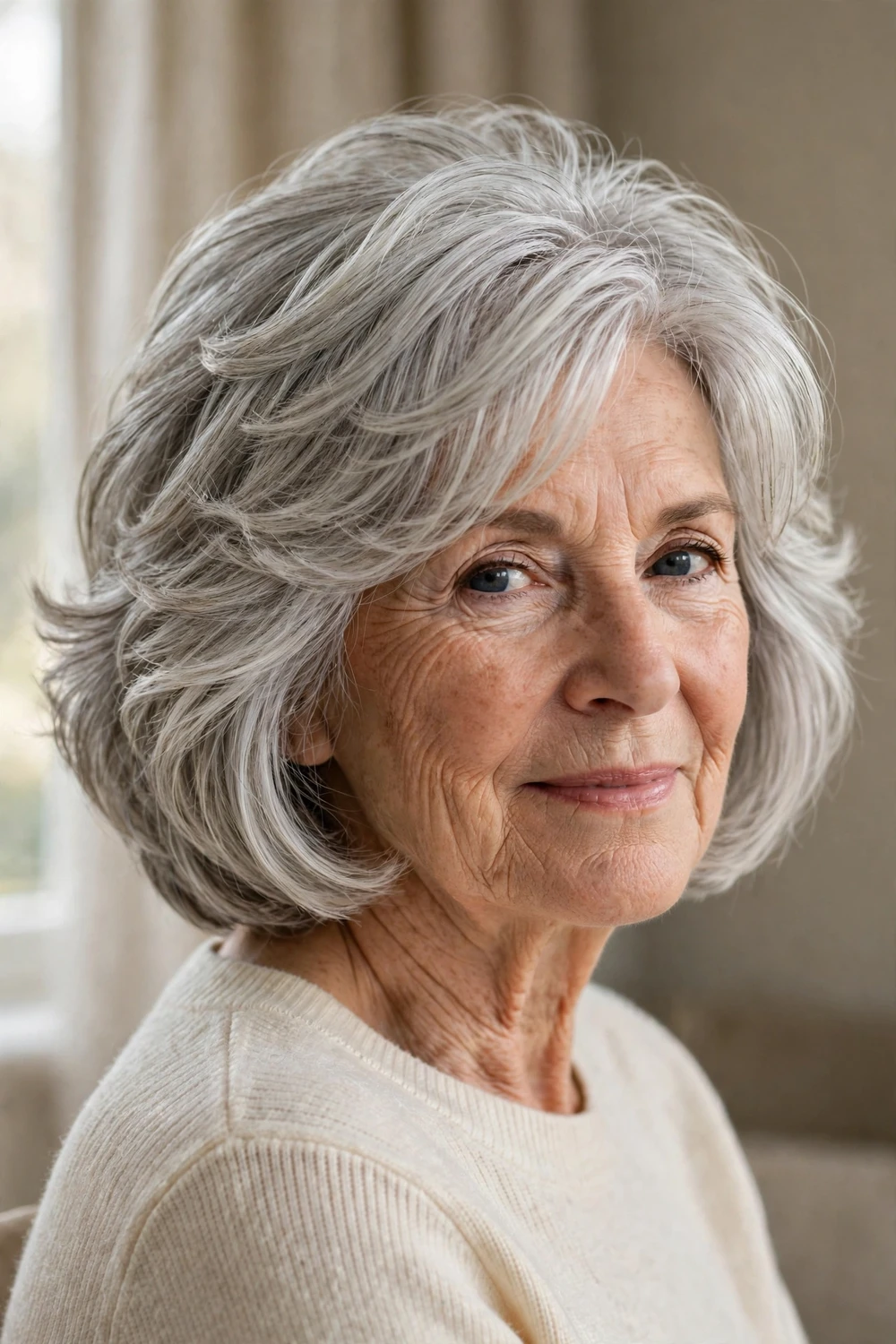Voluminous silver bob with layers on a woman over 60 with fine hair