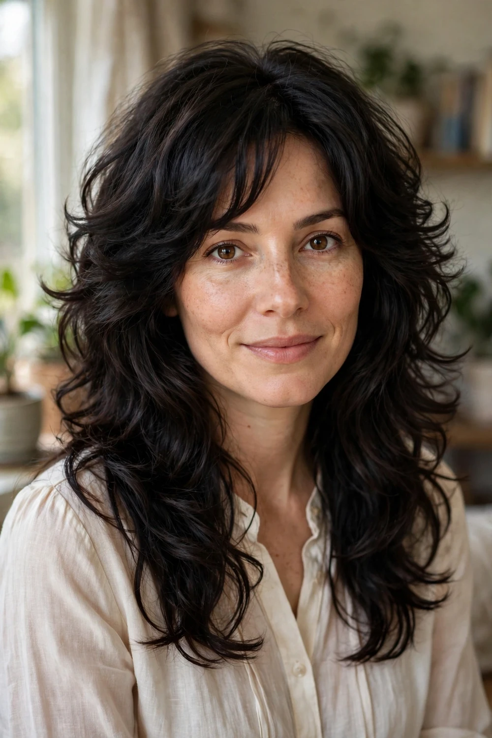Woman with long thick dark hair in a voluminous step cut with distinct layer steps, back view