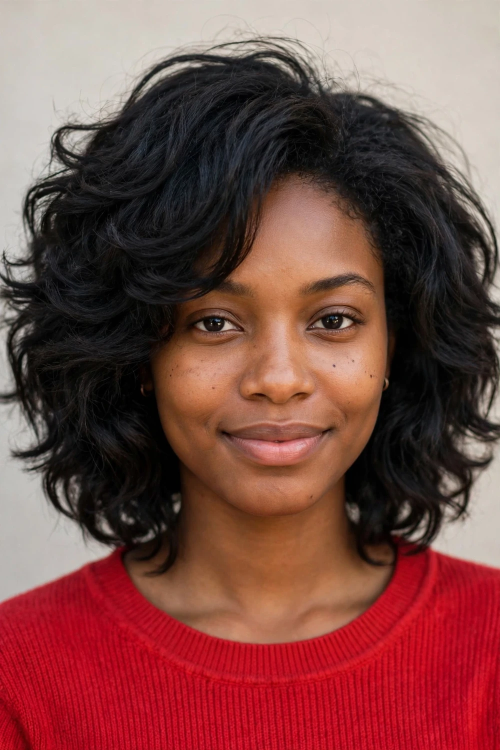 Woman with oval face wearing a voluminous textured medium haircut
