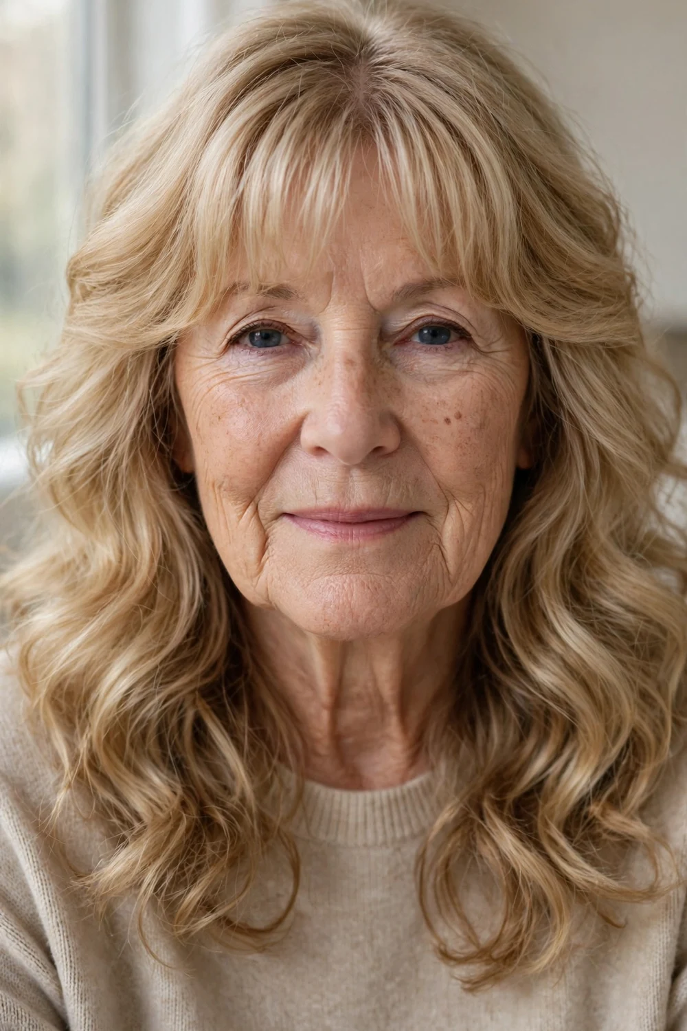 Woman over 60 with voluminous waves and curtain bangs framing the face