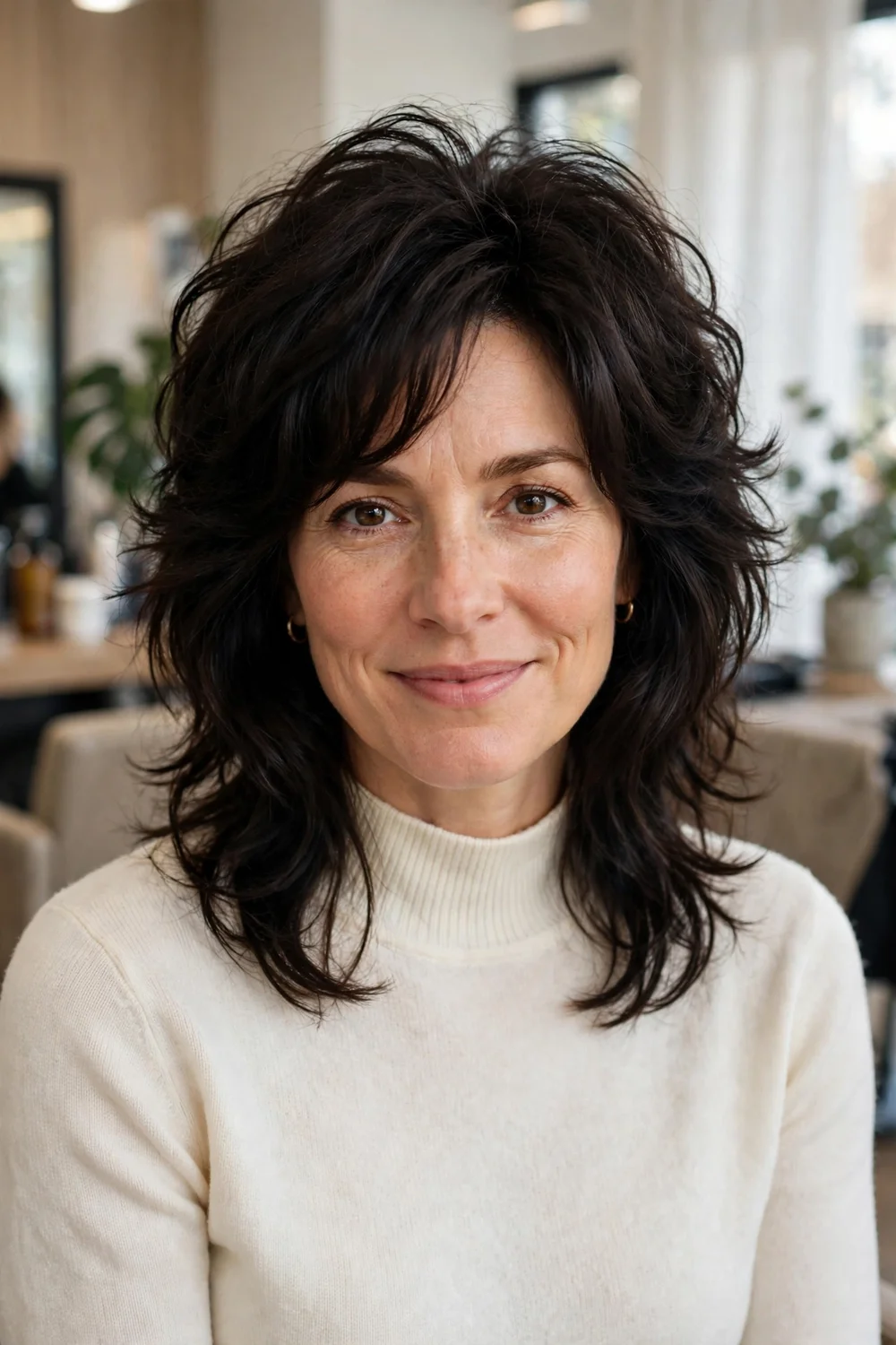 Voluminous wolf cut hairstyle with full crown volume and layered texture