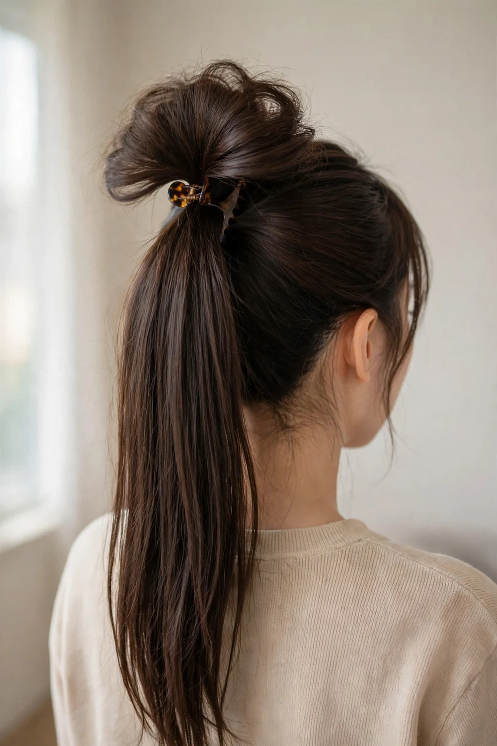 High ponytail with extra volume from a hidden claw clip on thin fine brown hair