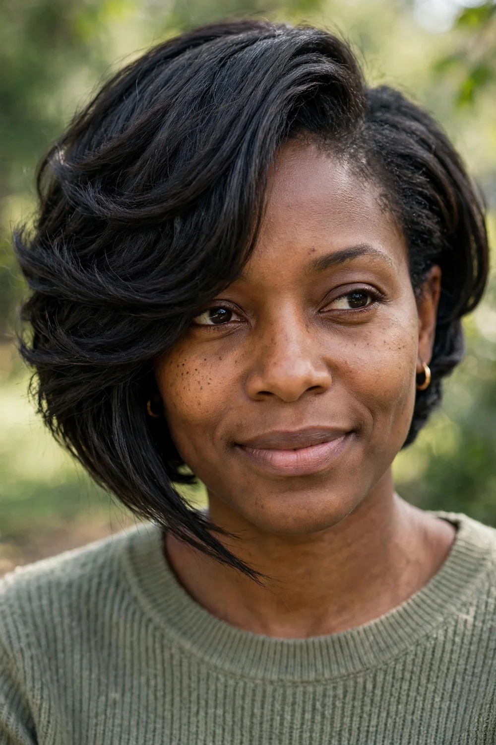 Black woman with a layered asymmetrical bob
