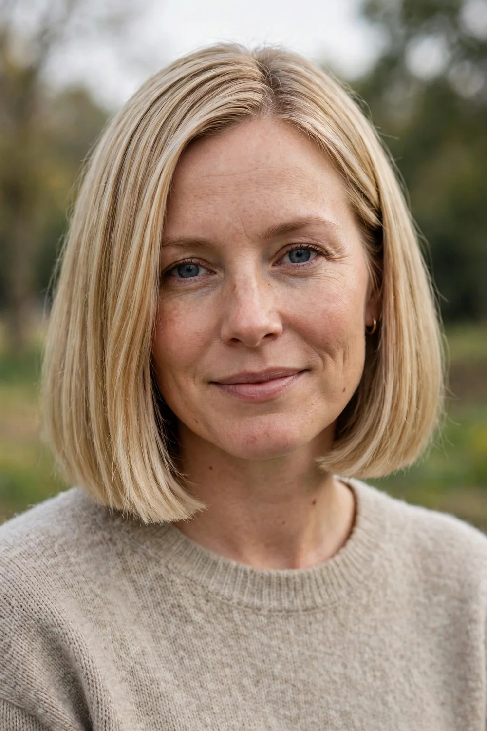 Blonde woman with a blunt cut bob
