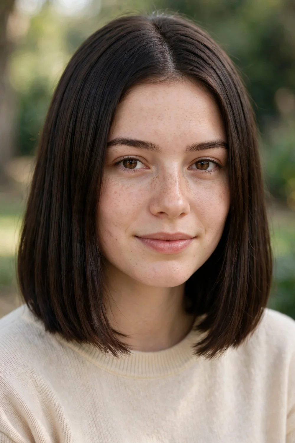 Young woman with a blunt haircut at shoulder length