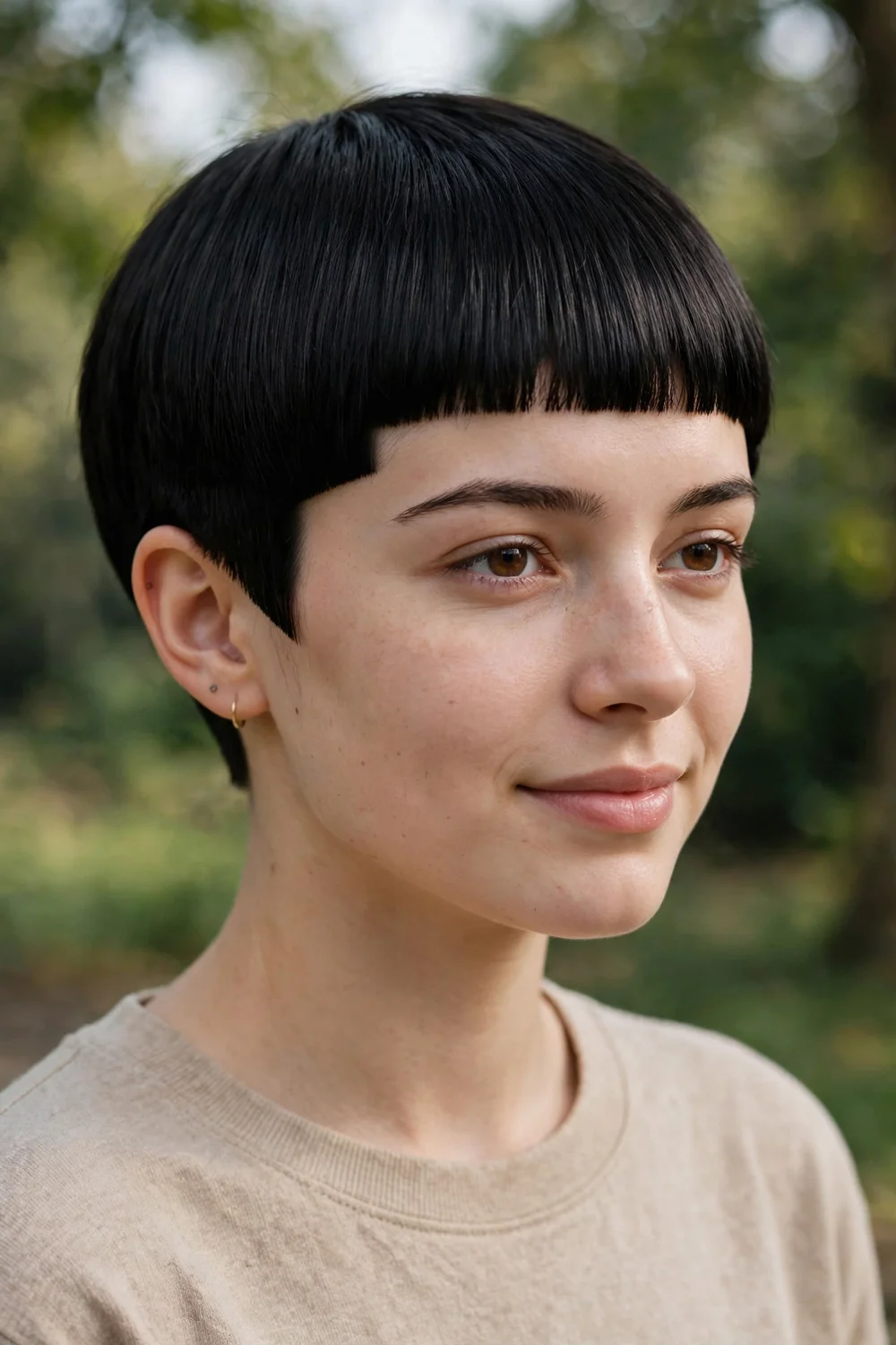 Young woman with a sharp blunt pixie haircut