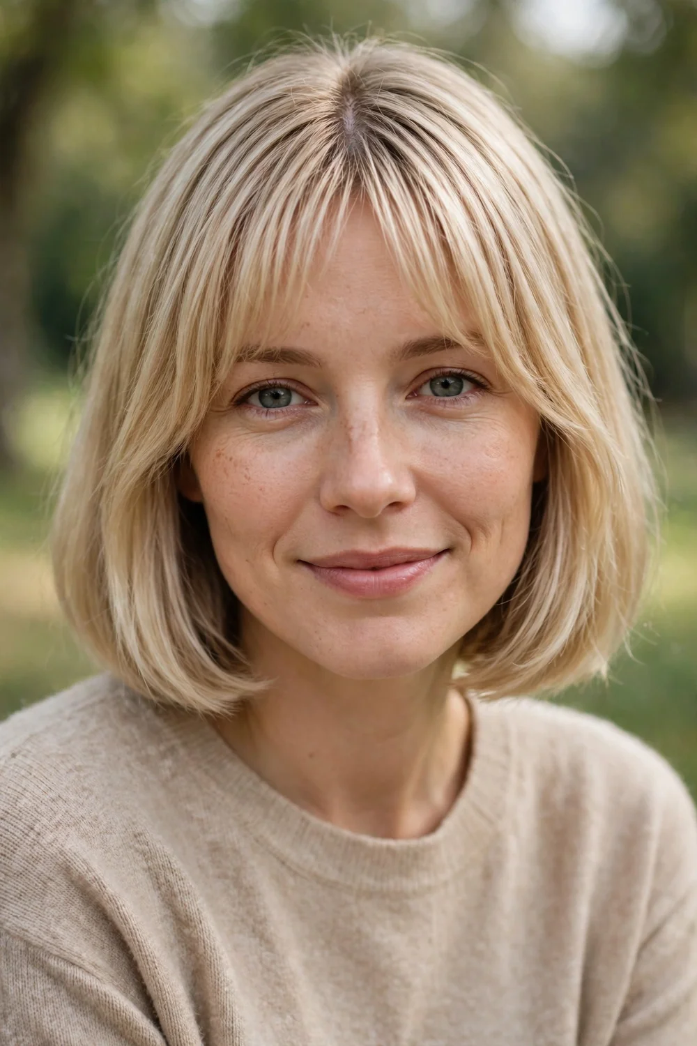 Blonde woman with a bob and curtain bangs
