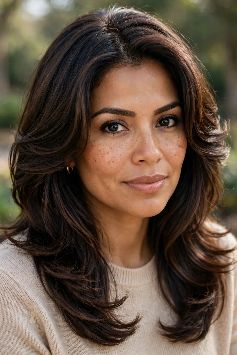 Latina woman with a deep side part and long layered hair