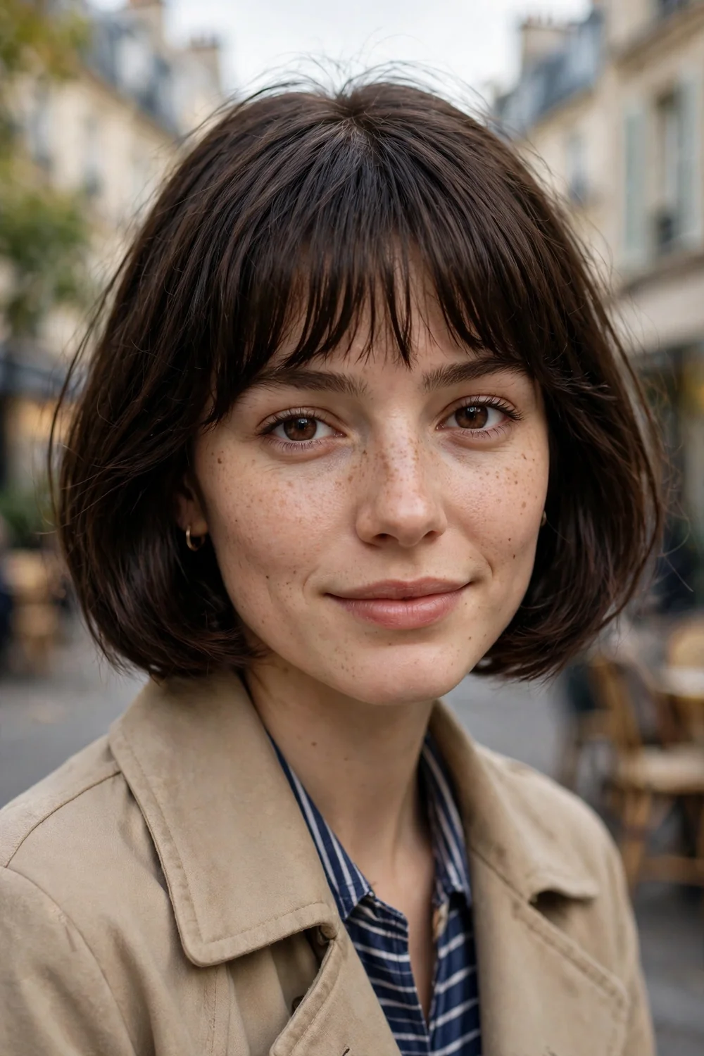 Young brunette woman with a French bob and fringe