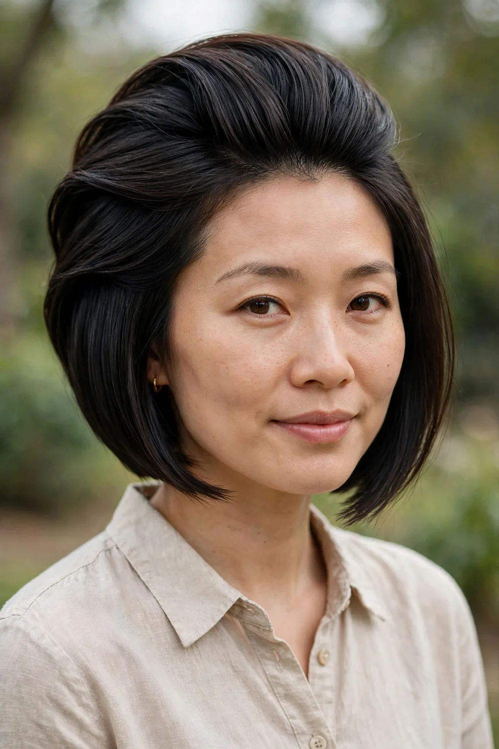 Asian woman with an inverted bob with crown lift