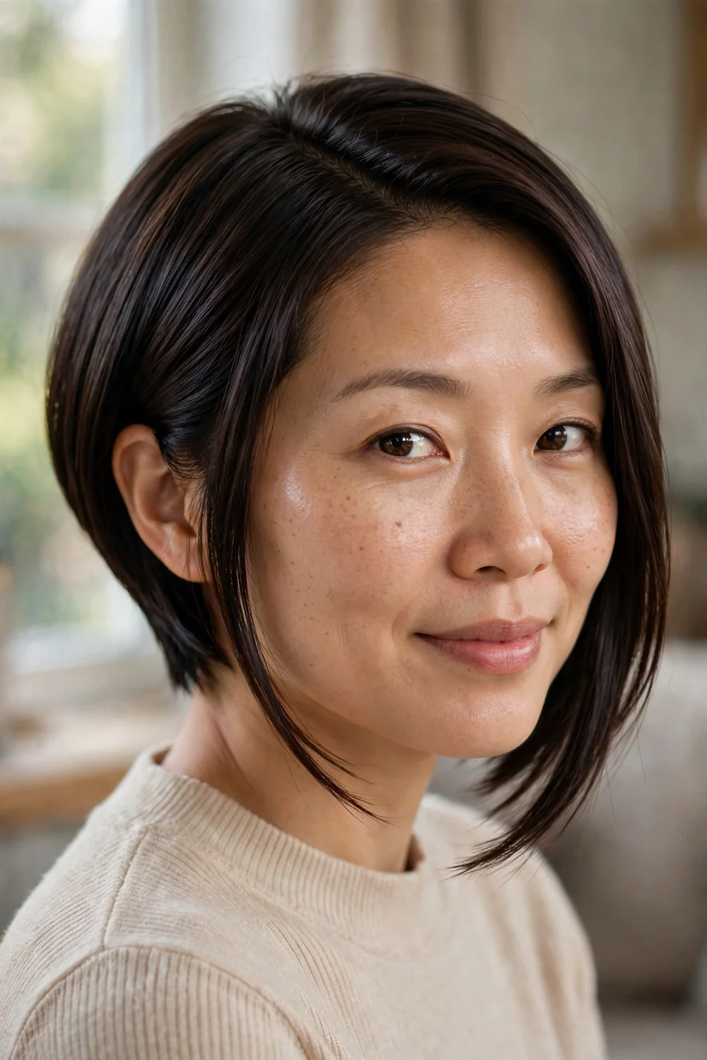 Asian woman with an inverted lob and angled shape