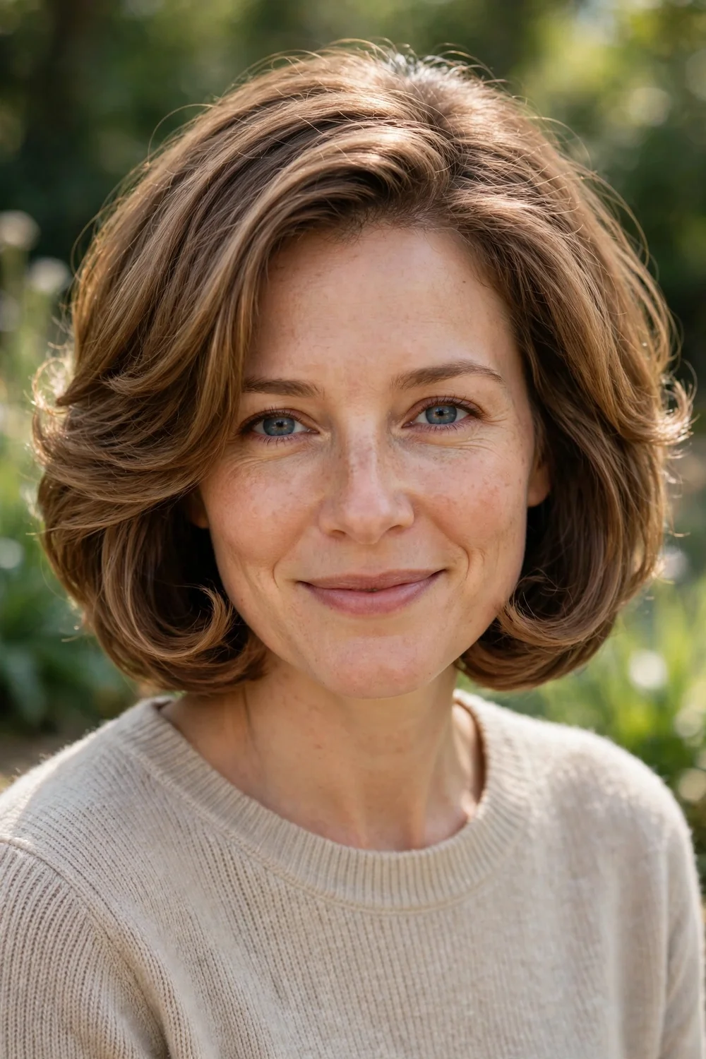 Woman with a chin-length layered bob with volume