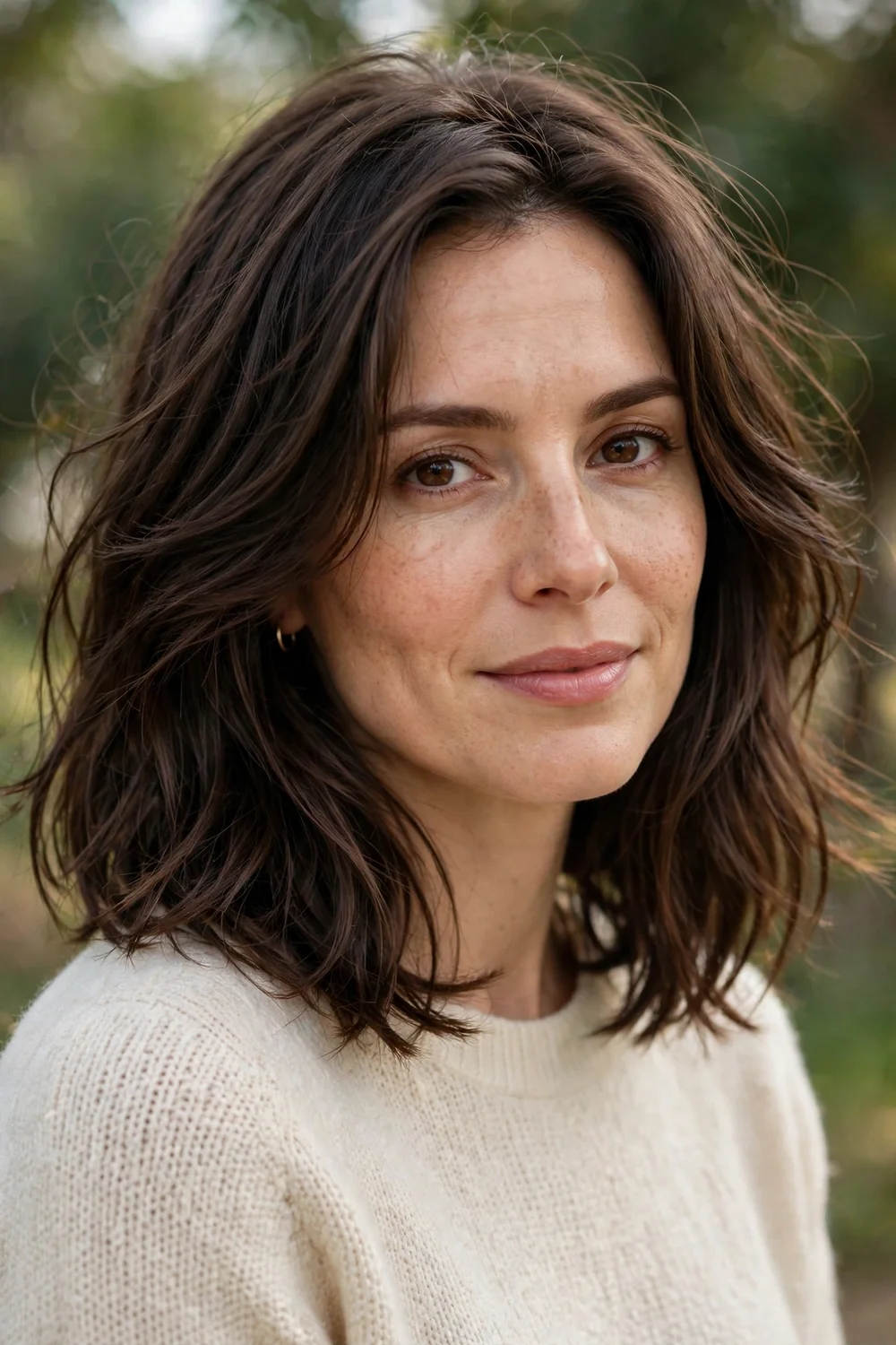 Brunette woman with a layered lob haircut