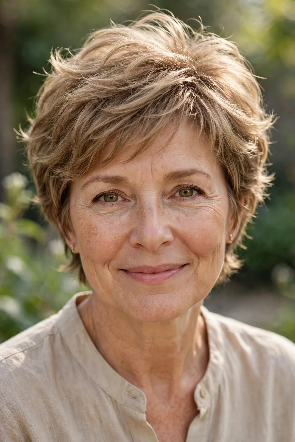 Middle-aged woman with a soft layered pixie