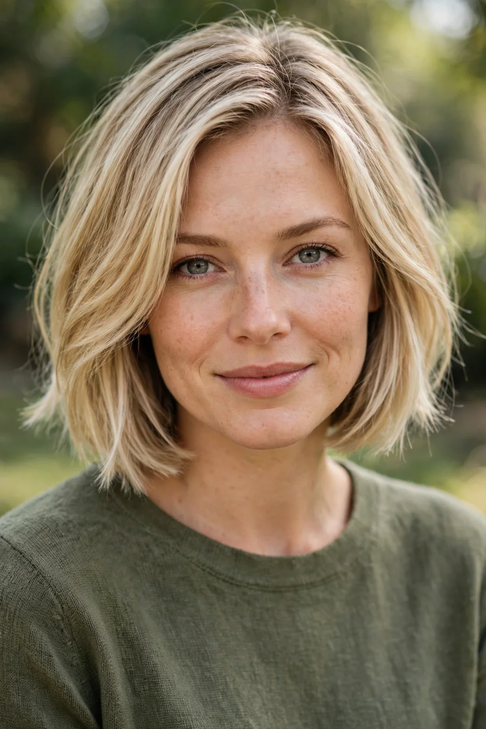 Blonde woman with a lightly layered bob at the chin
