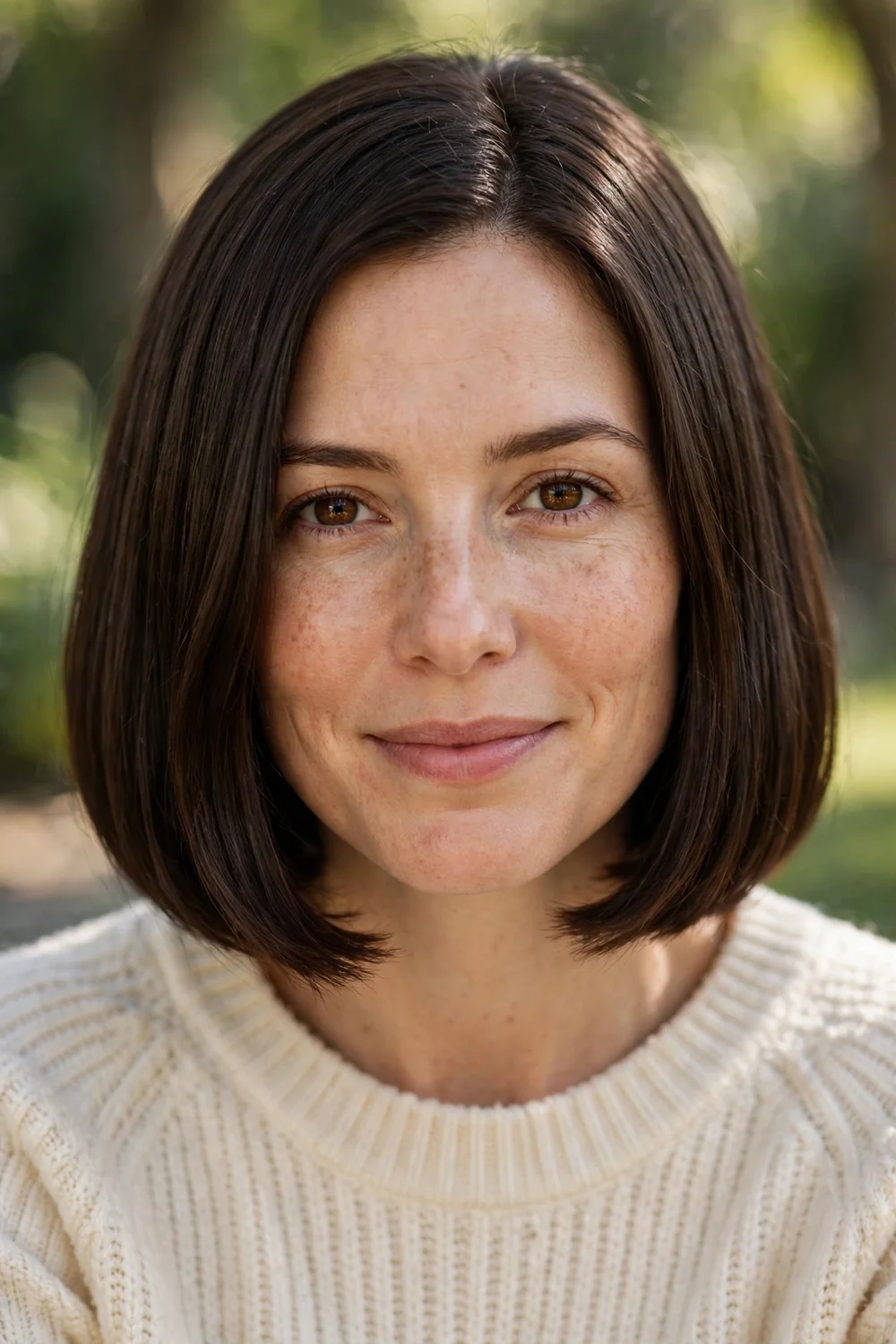 Brunette woman with a classic one-length bob