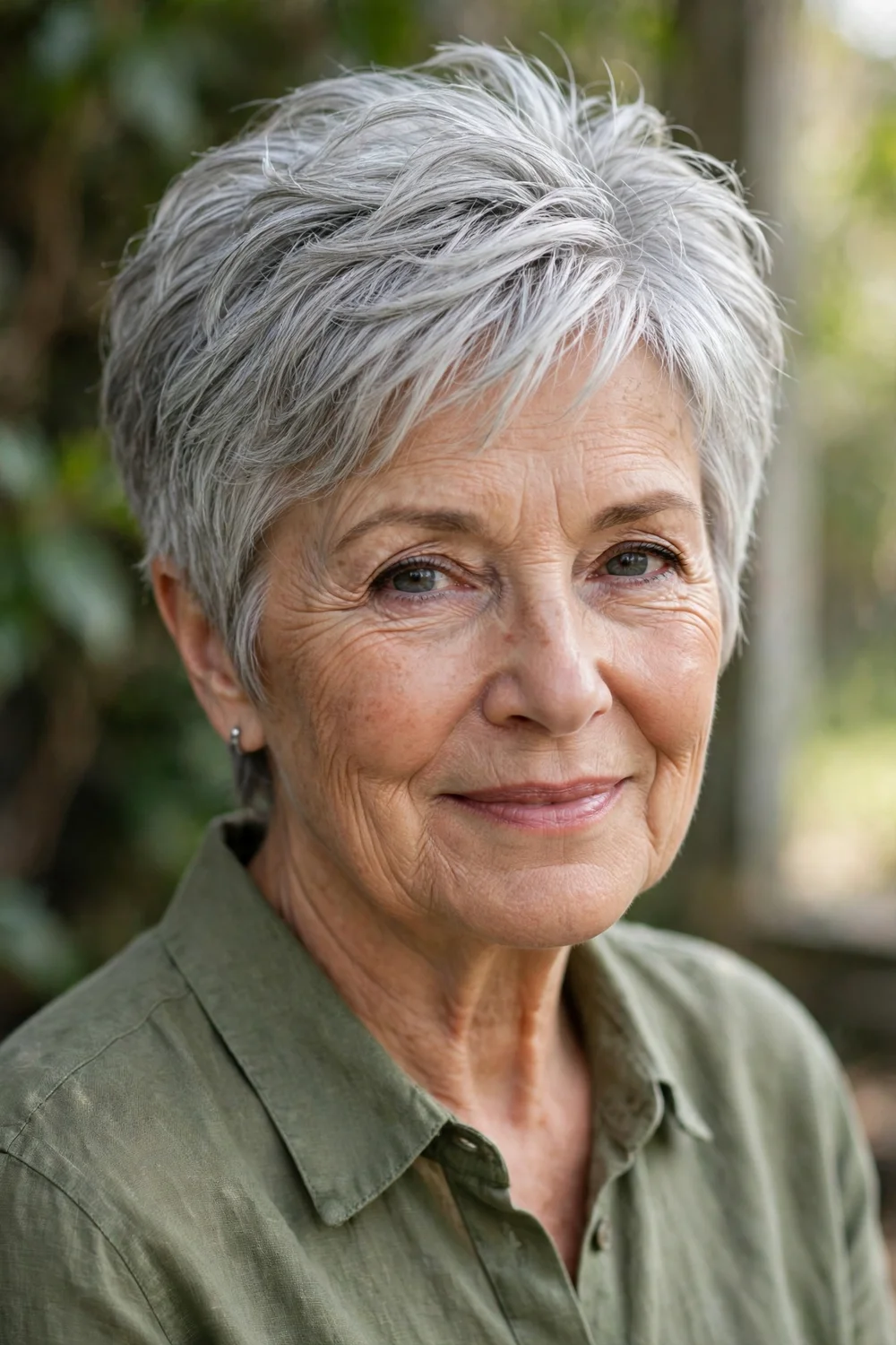 Older woman with a pixie cut and textured layers