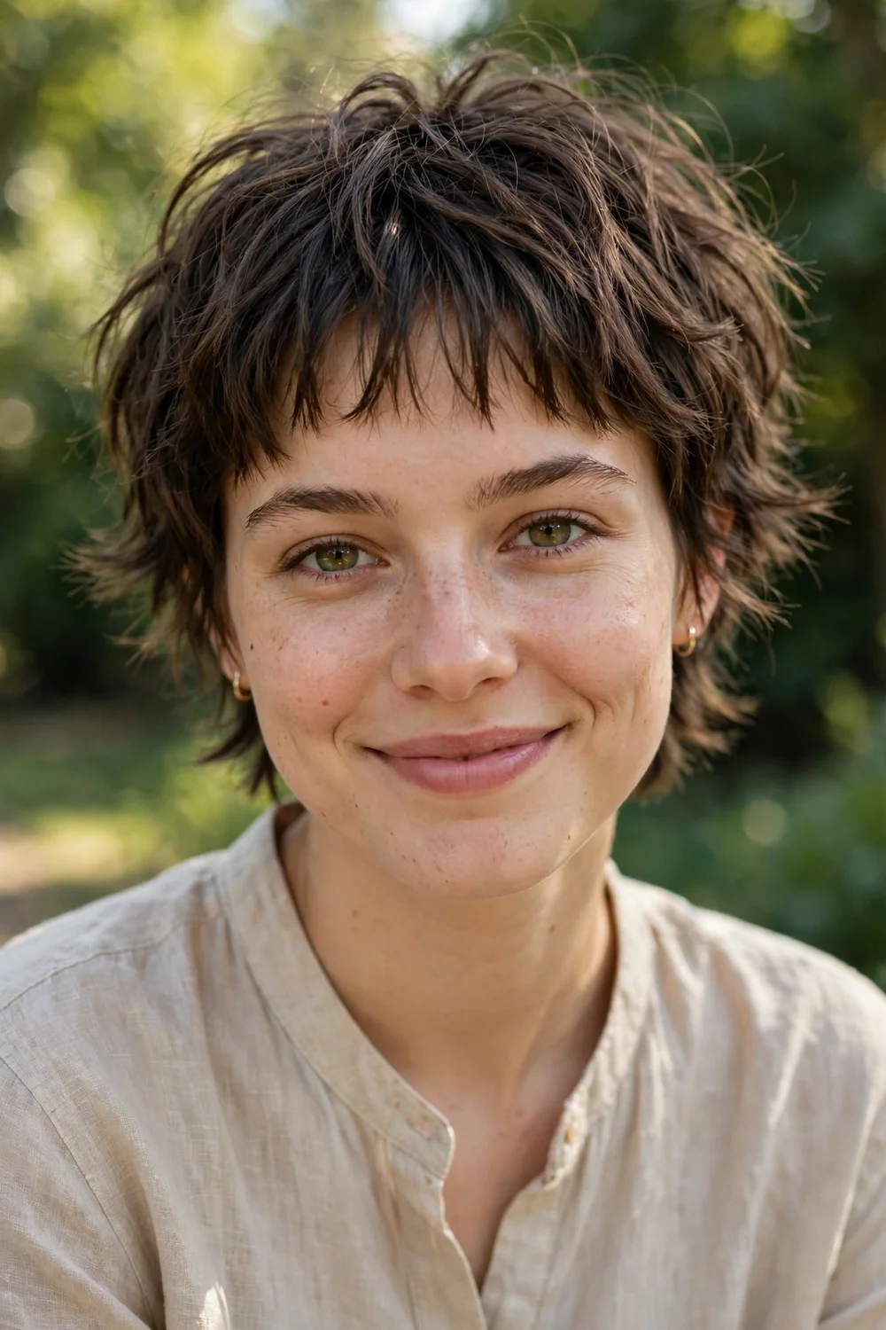 Young woman with a shaggy crop and curtain micro fringe