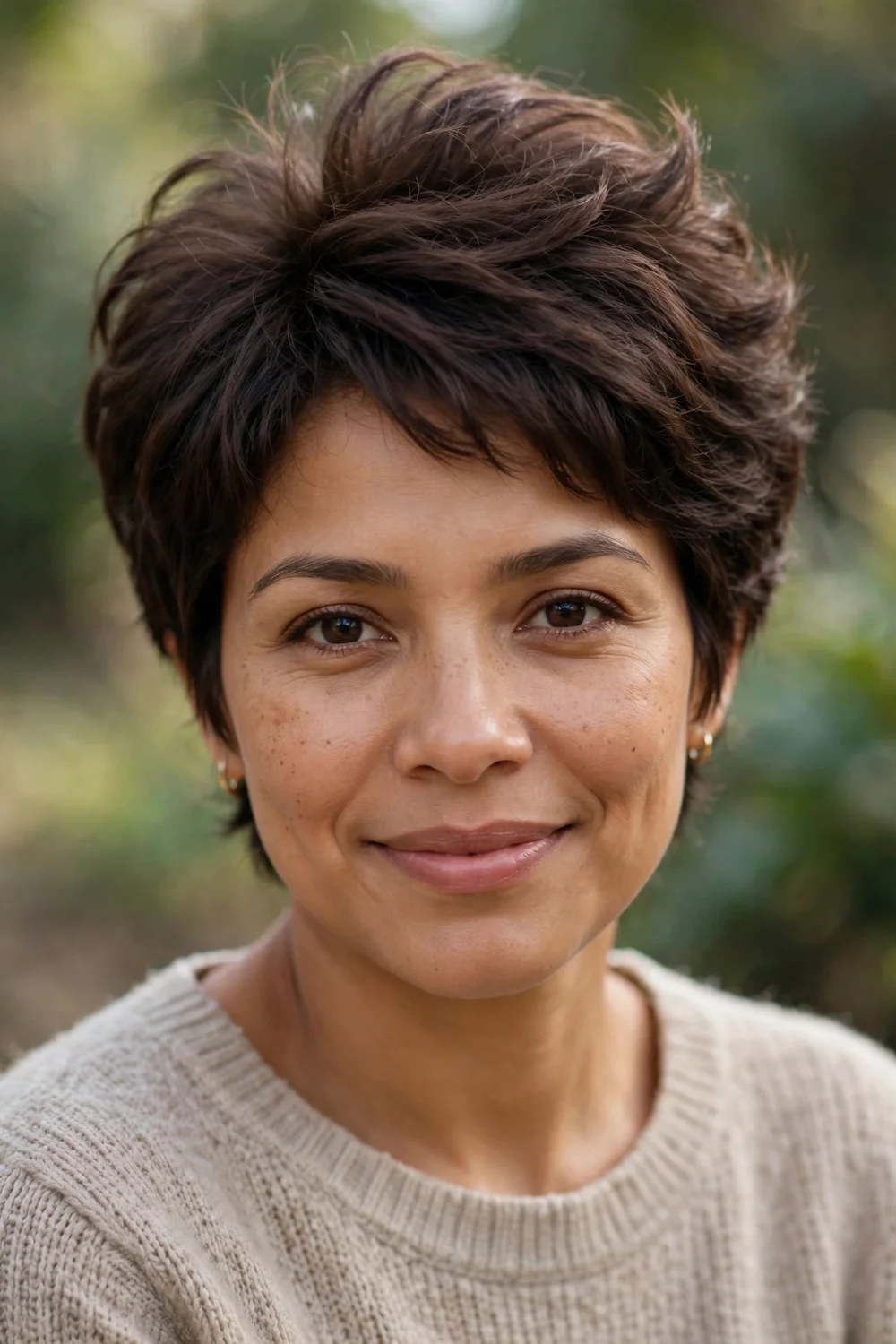 Latina woman with a soft pixie and volume at the crown
