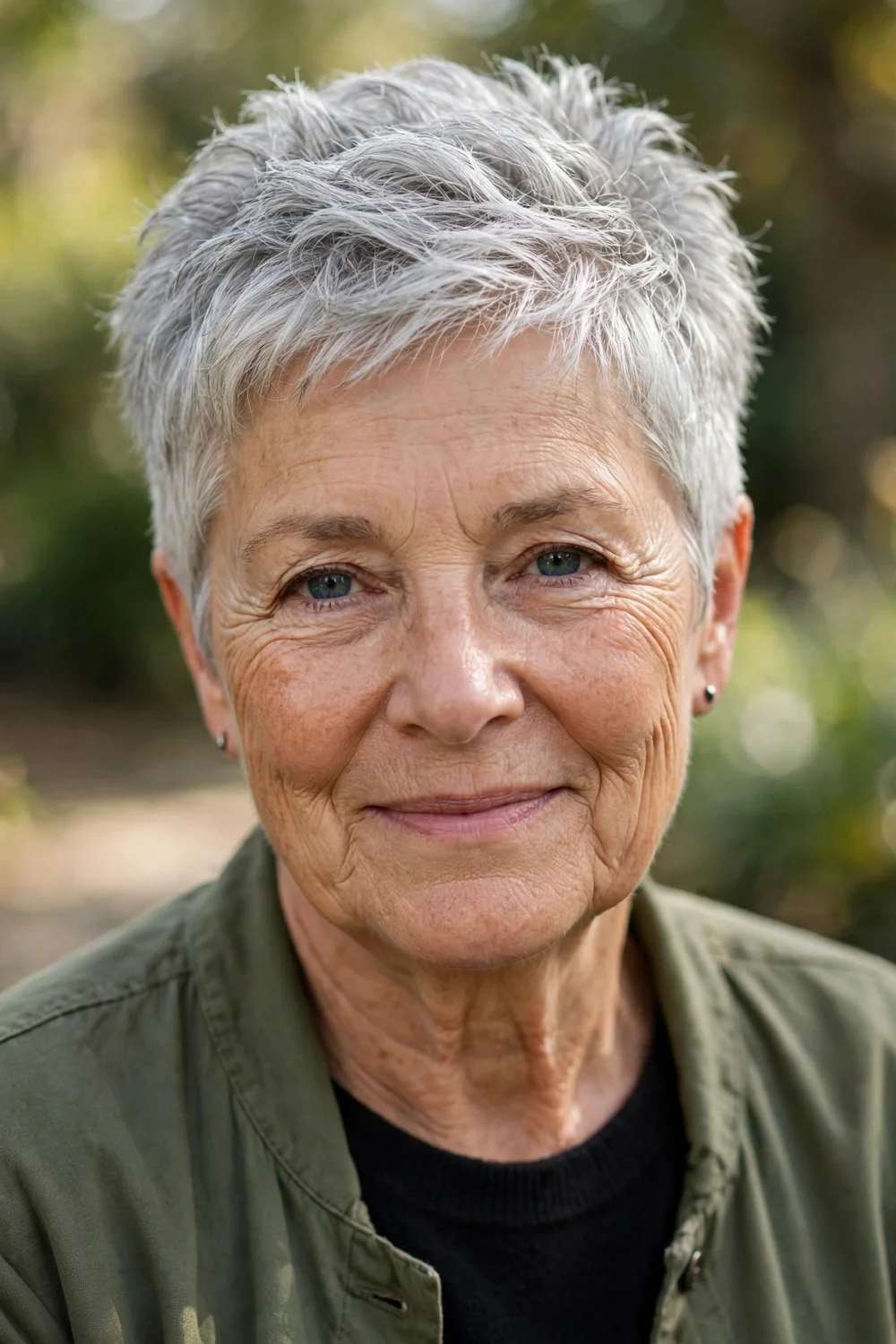 Older woman with a textured crop haircut