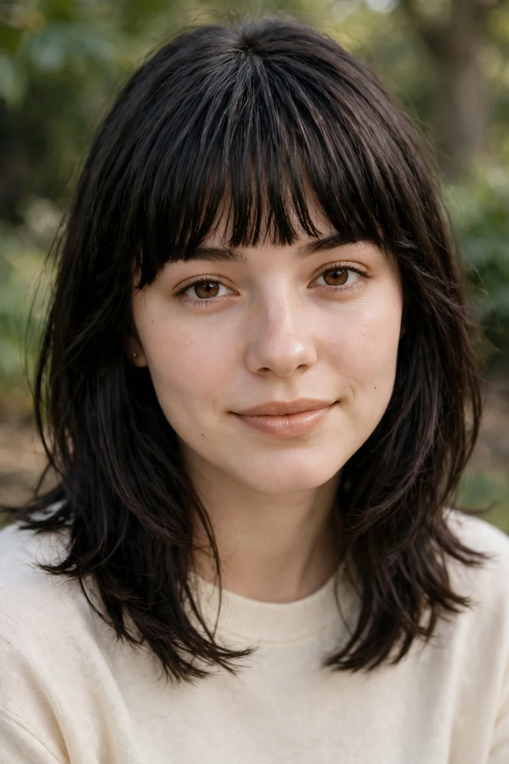 Young woman with thick bangs and light layered hair