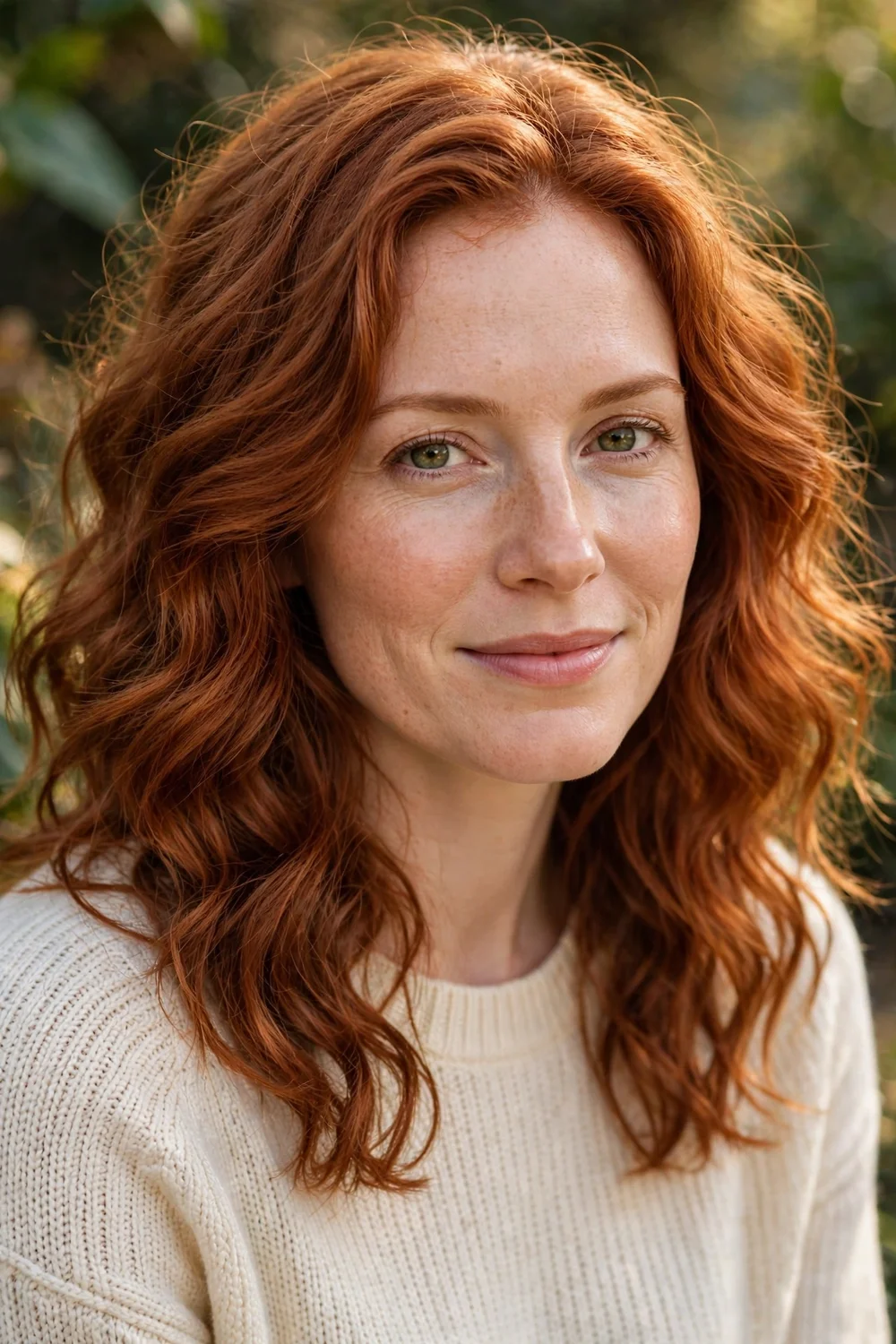 Redhead woman with a wavy lob haircut