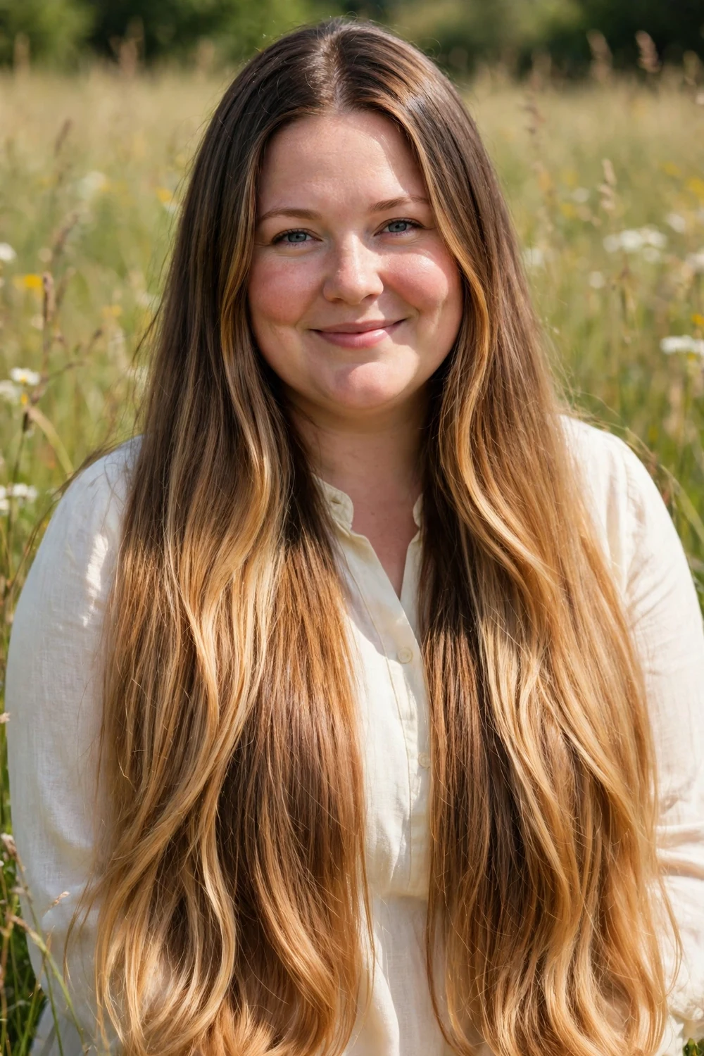 Woman with a round face and waist-length hair with dimensional balayage melting from dark roots to golden ends