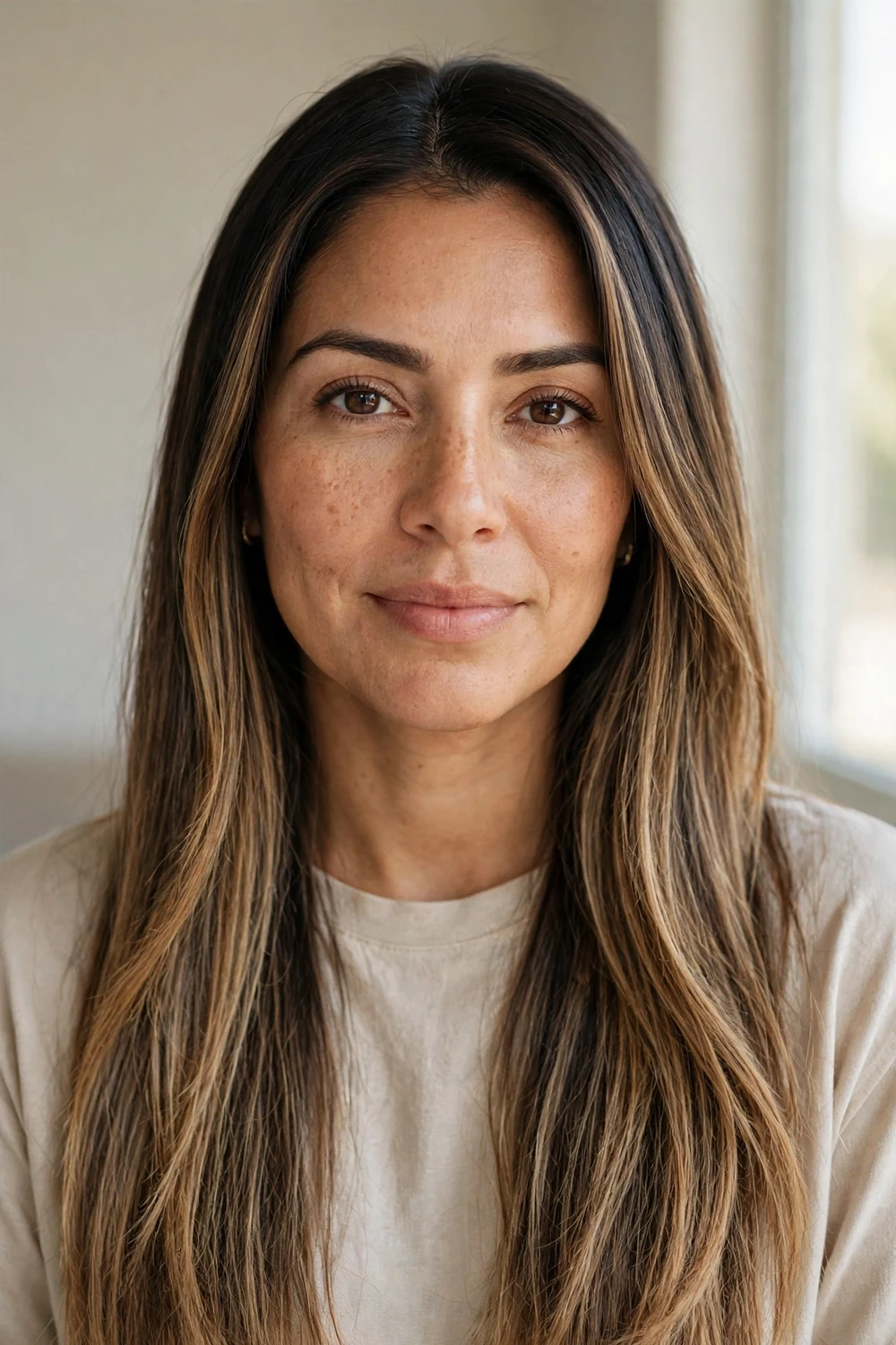 Long straight dark hair with walnut bronde balayage blending dark roots to lighter ends