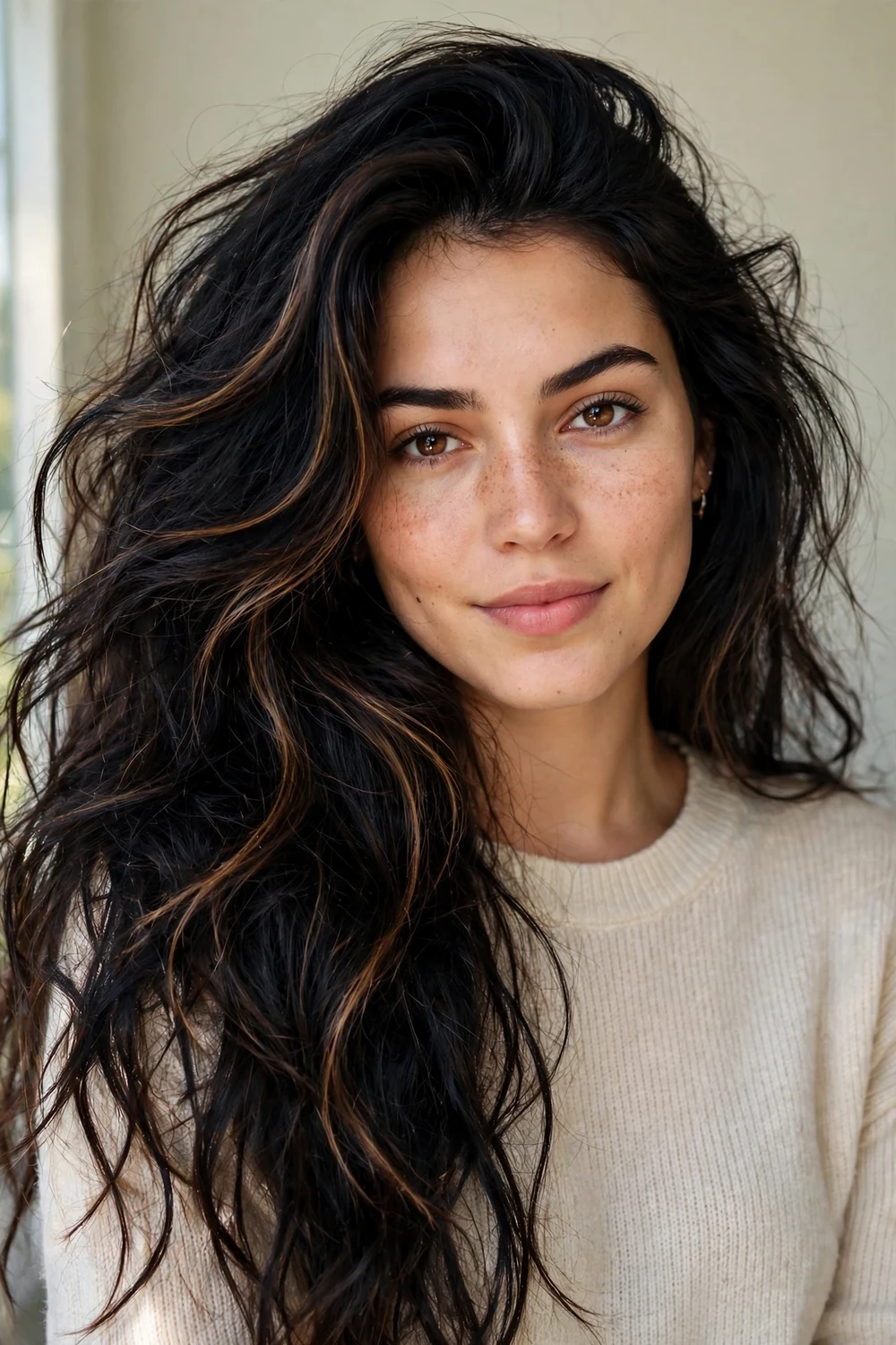 Woman with thick voluminous black hair broken up by deep walnut-brown highlights