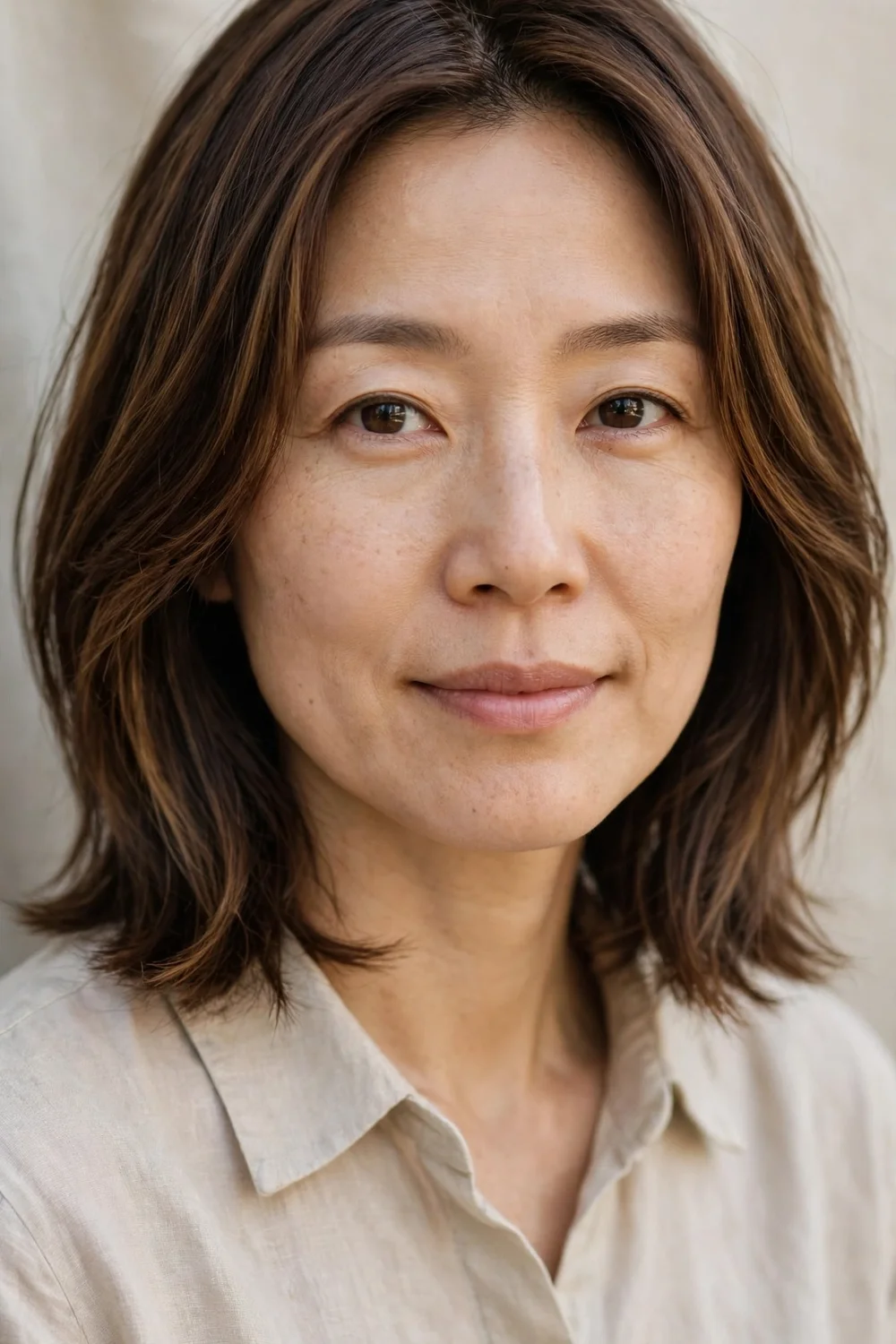 Woman with balanced warm walnut brown highlights on brown hair, natural daylight