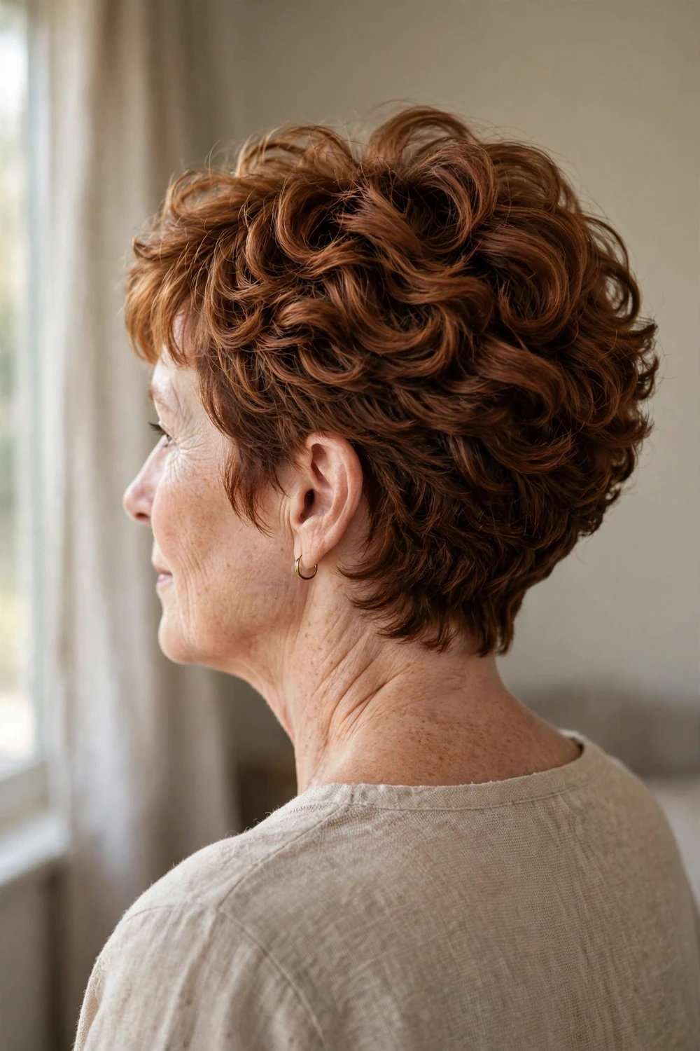 Woman over 50 with a warm auburn curly pixie, stacked layers with bounce